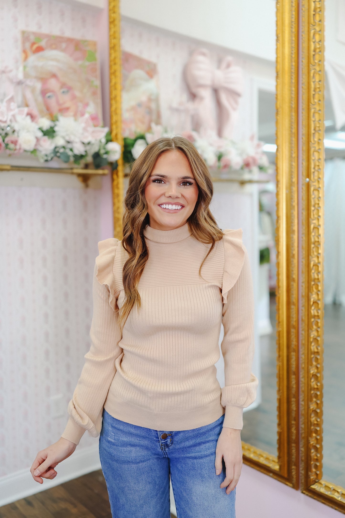 Emberly Ruffle Turtleneck Sweater - Sand