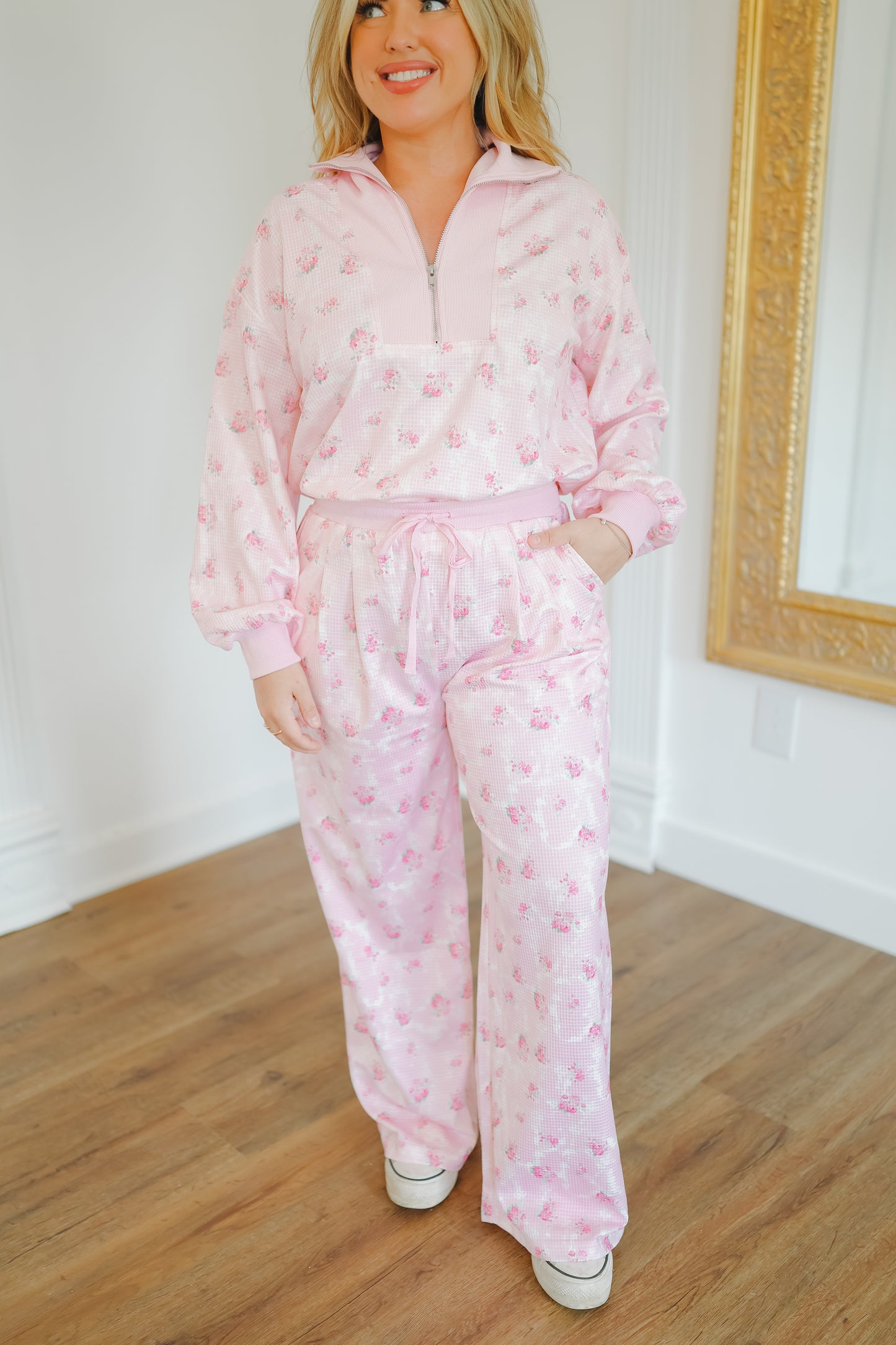Miranda Floral Waffle Half-Zip Lounge Set - Pink
