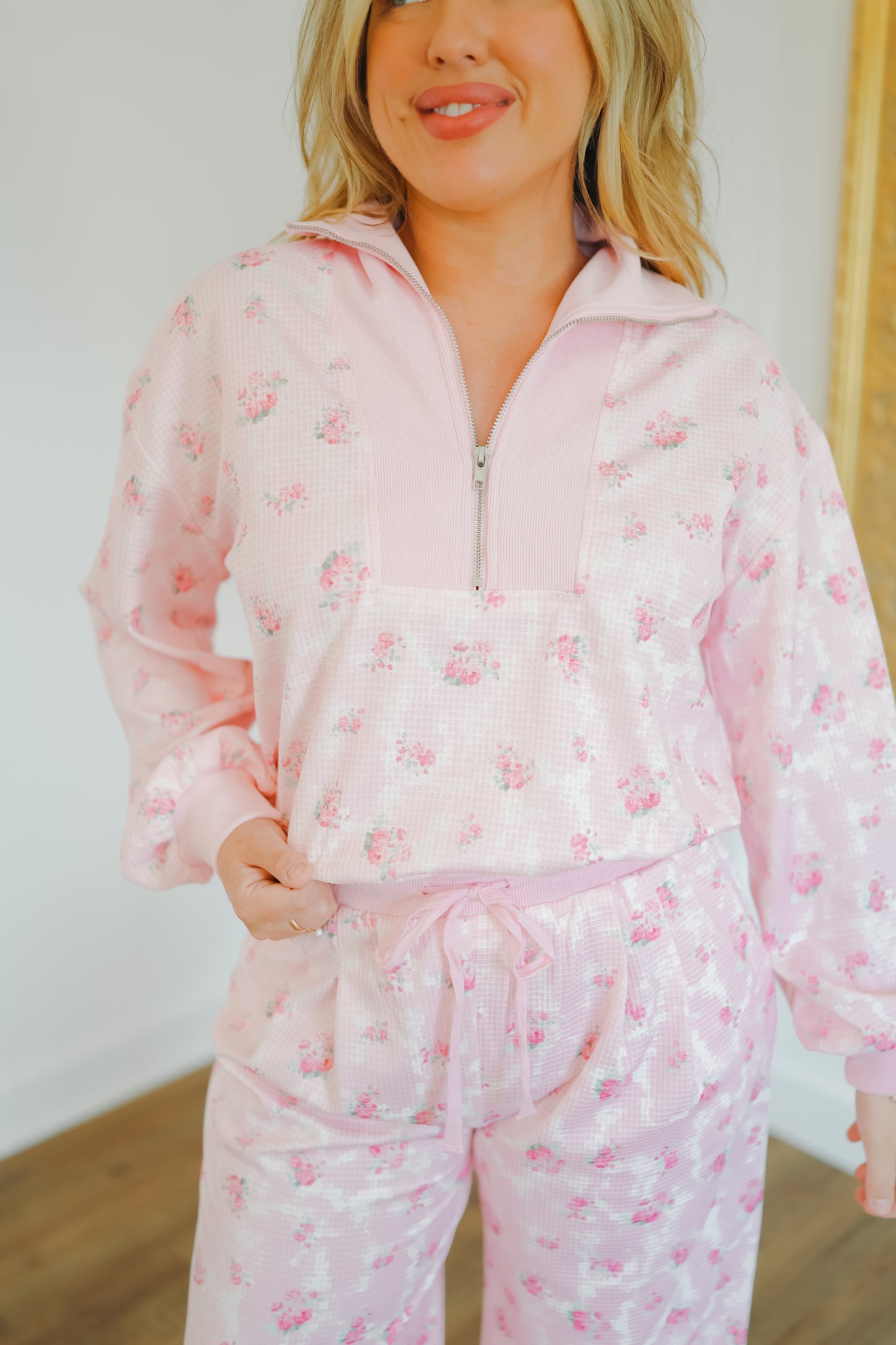 Miranda Floral Waffle Half-Zip Lounge Set - Pink
