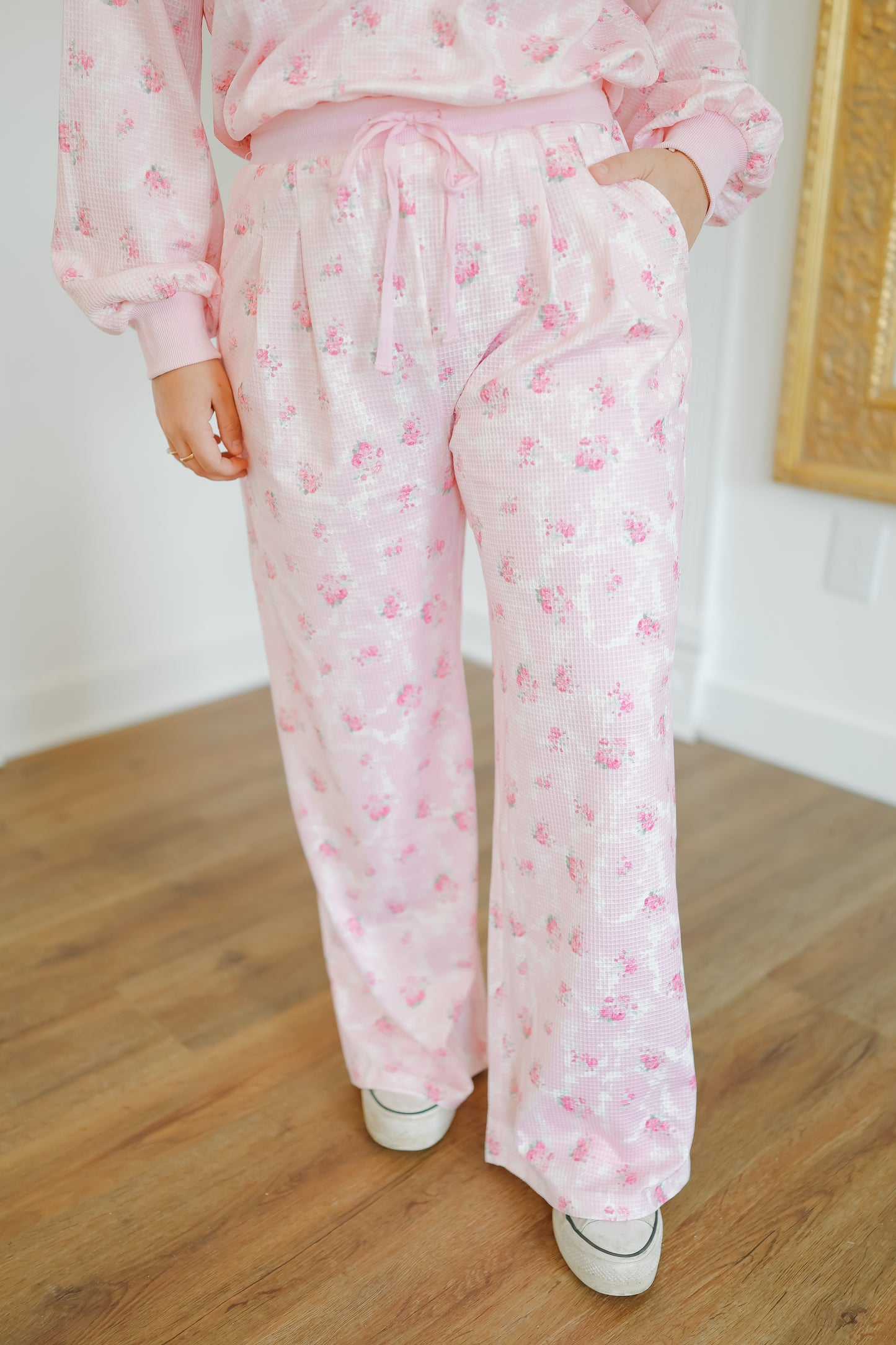 Miranda Floral Waffle Half-Zip Lounge Set - Pink