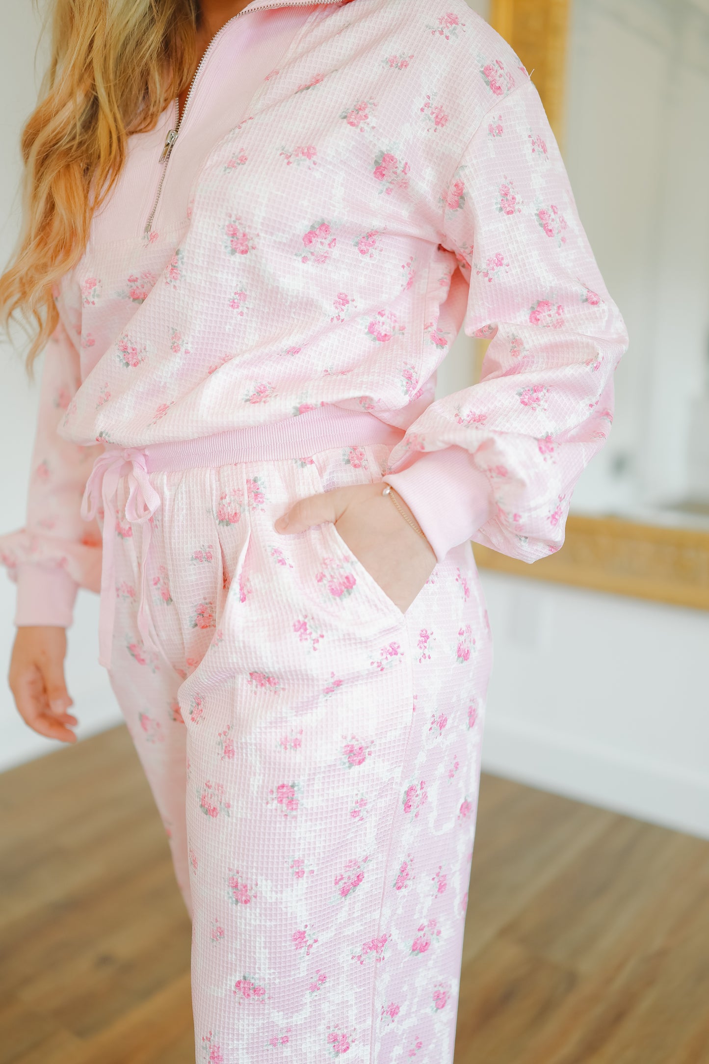 Miranda Floral Waffle Half-Zip Lounge Set - Pink