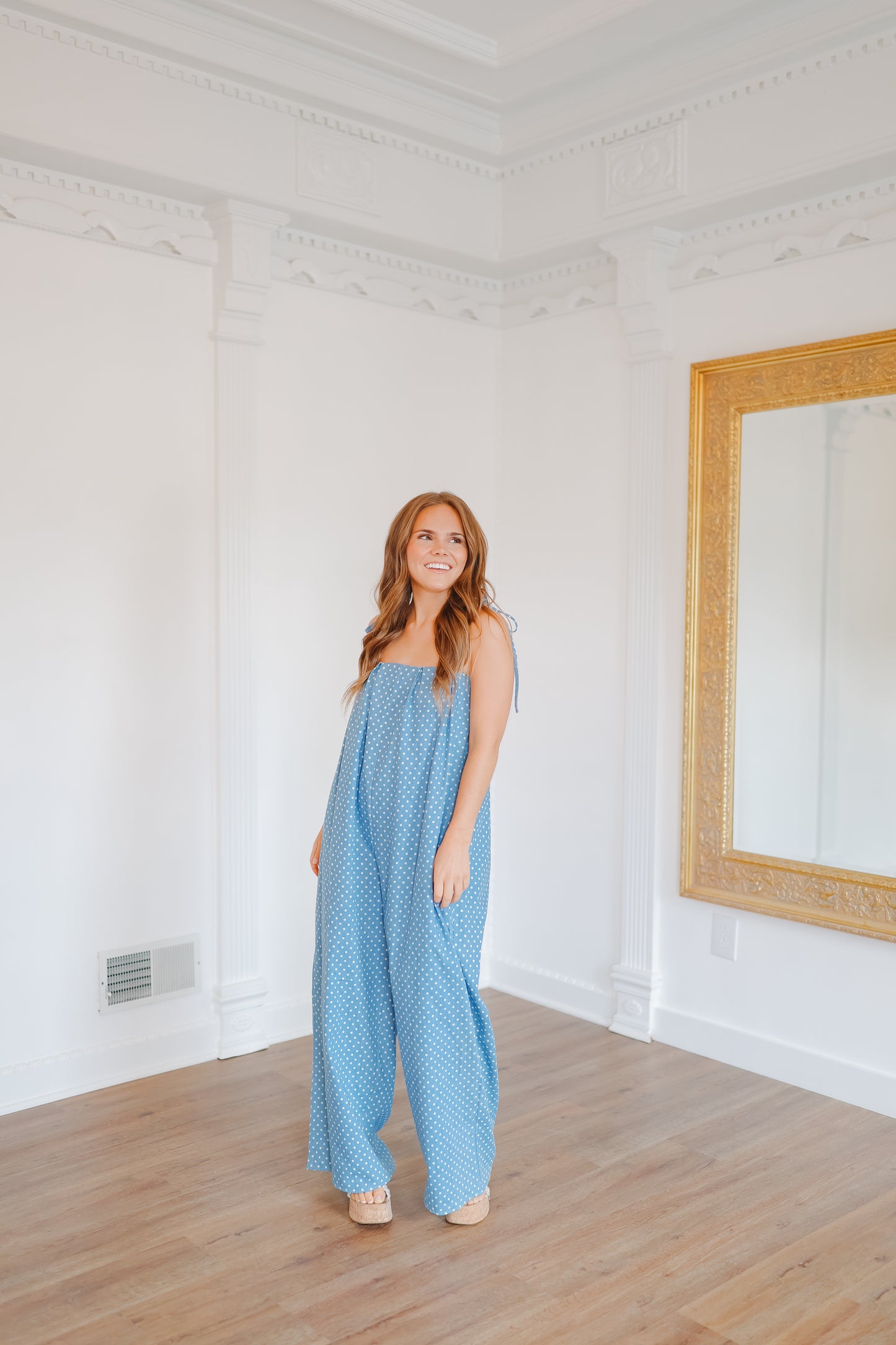 Quinn Pleated Polka Dot Wide Leg Jumpsuit - Denim