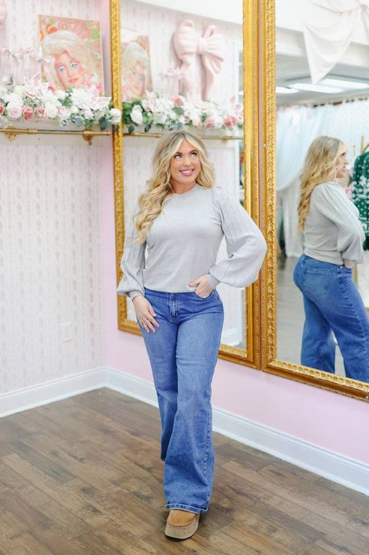 Gisele Striped Sleeve Top - Heather Grey