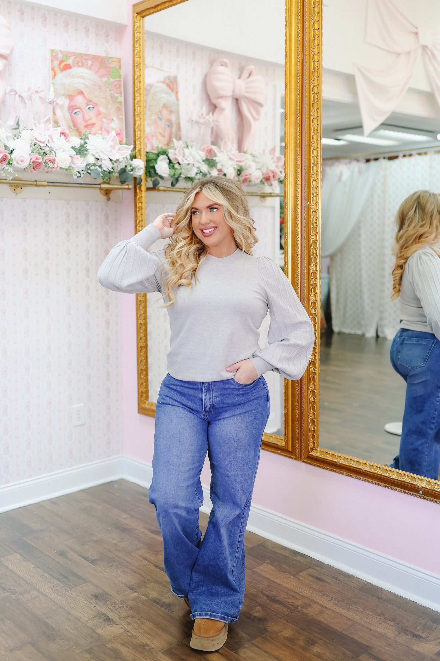 Gisele Striped Sleeve Top - Heather Grey