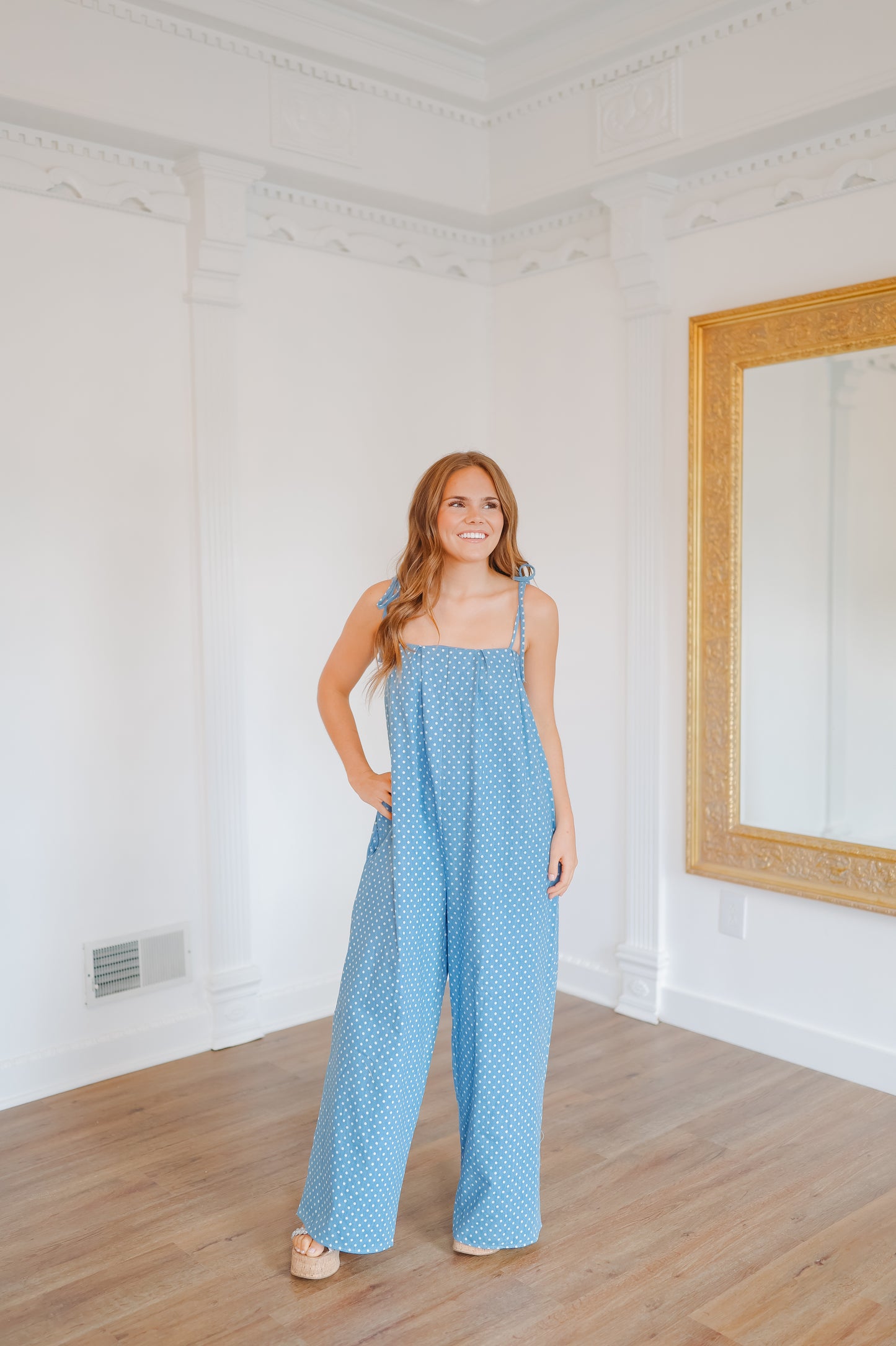 Quinn Pleated Polka Dot Wide Leg Jumpsuit - Denim