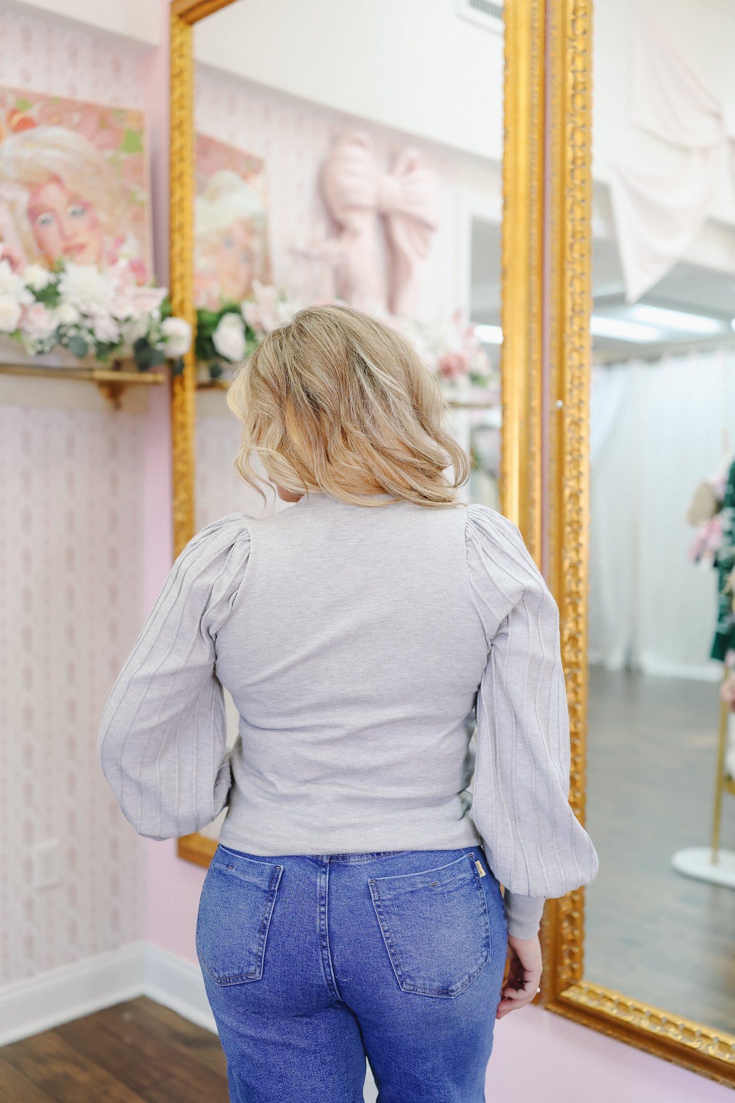 Gisele Striped Sleeve Top - Heather Grey