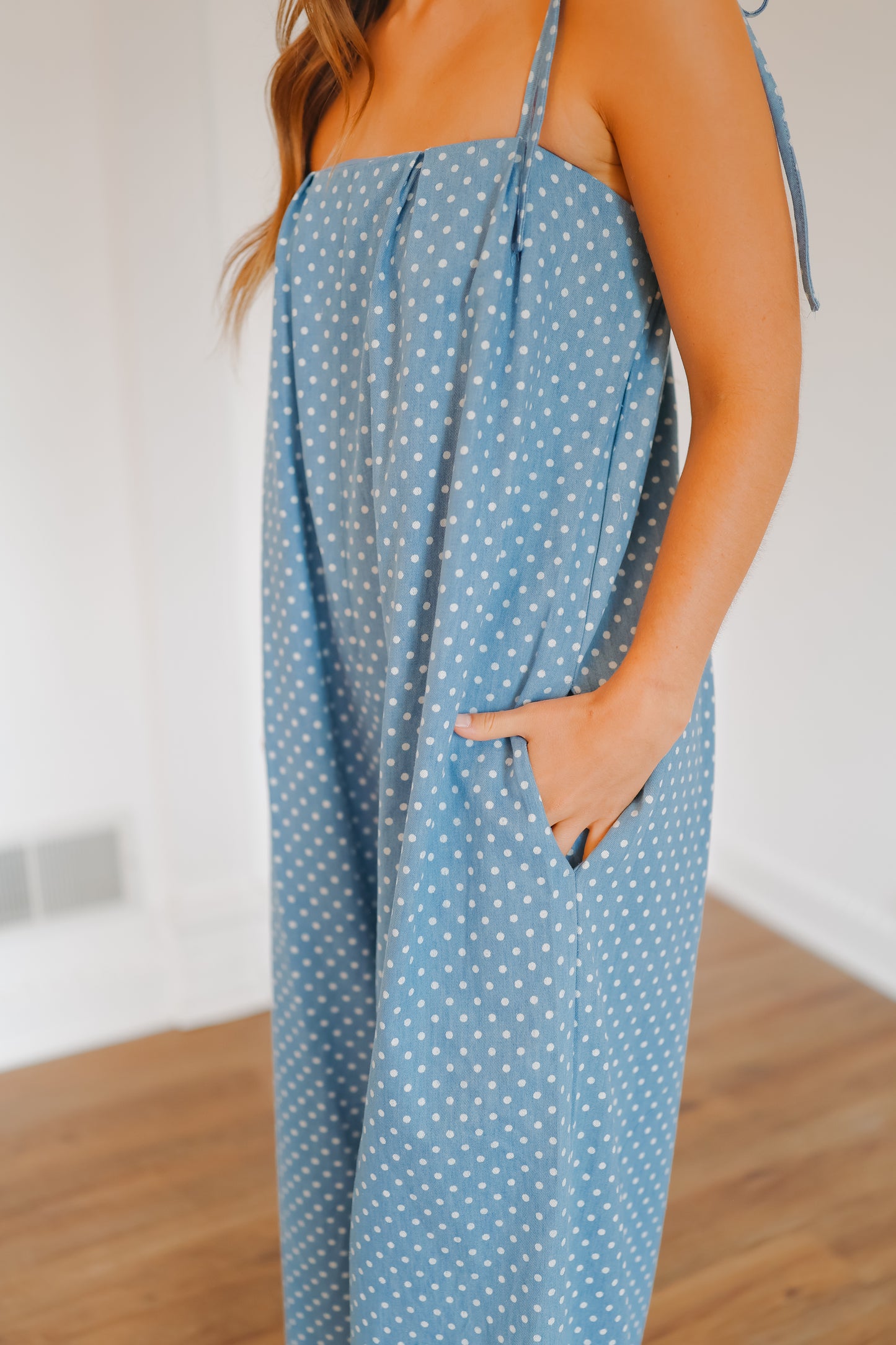 Quinn Pleated Polka Dot Wide Leg Jumpsuit - Denim