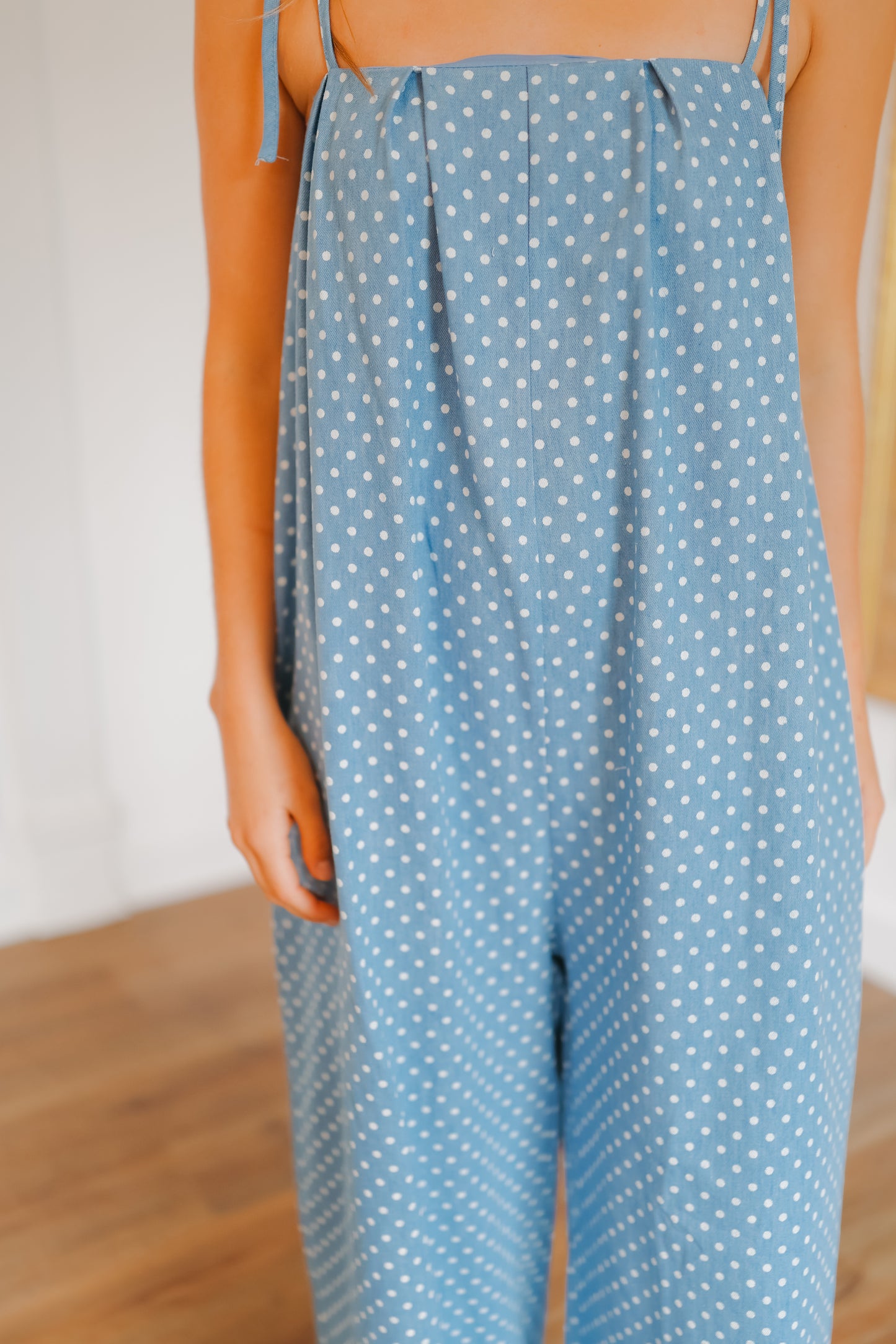 Quinn Pleated Polka Dot Wide Leg Jumpsuit - Denim