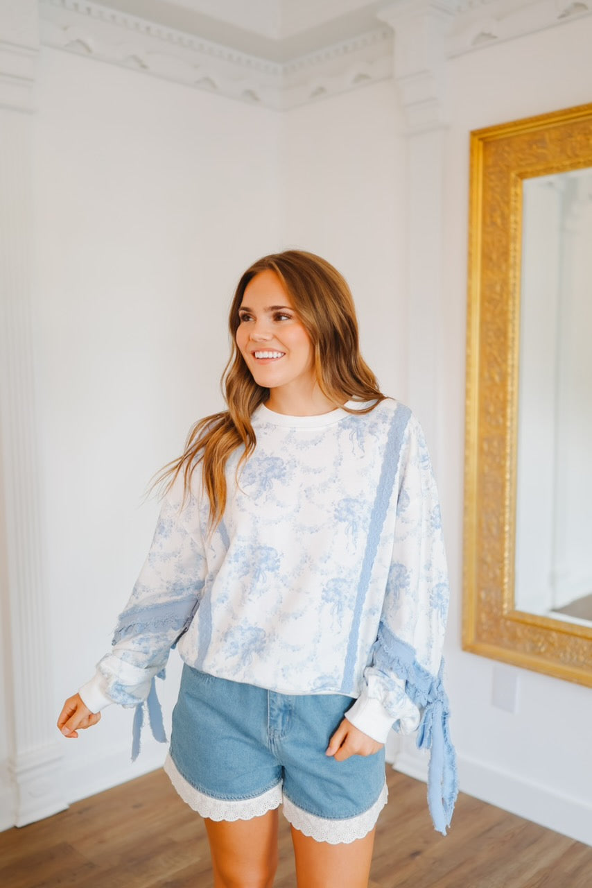 Aviana Vintage Floral Lace Patchwork Pullover - Blue