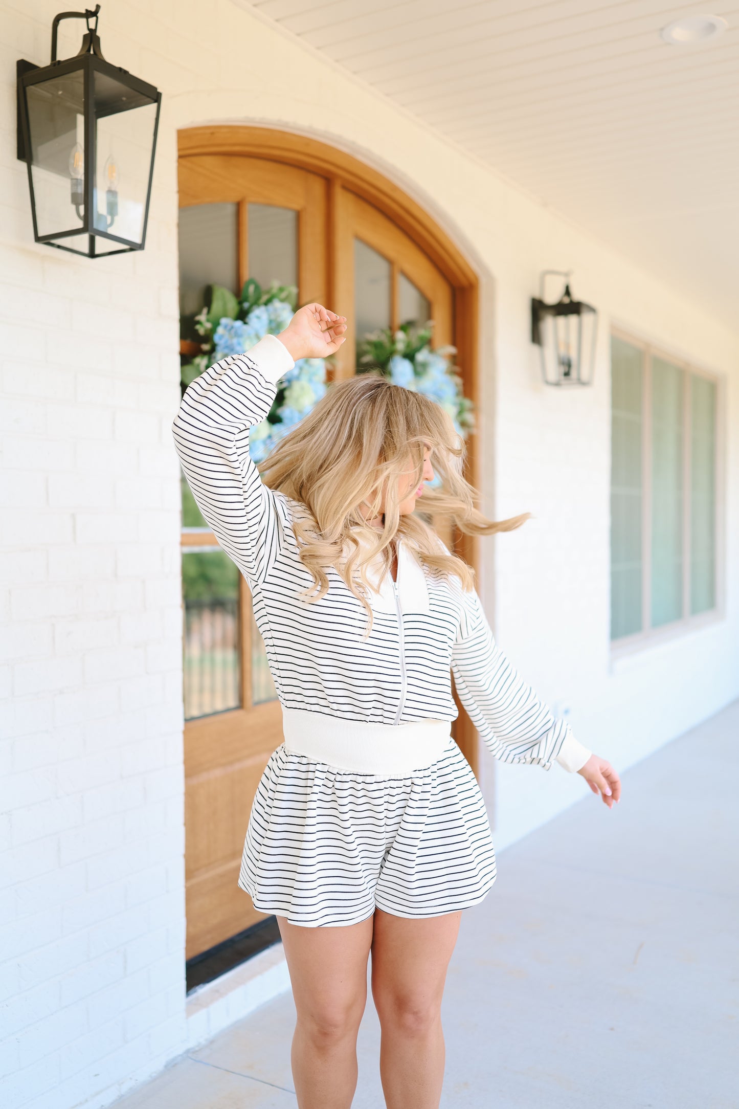 Gabrielle Striped Zip-Up Romper - Off White/Black