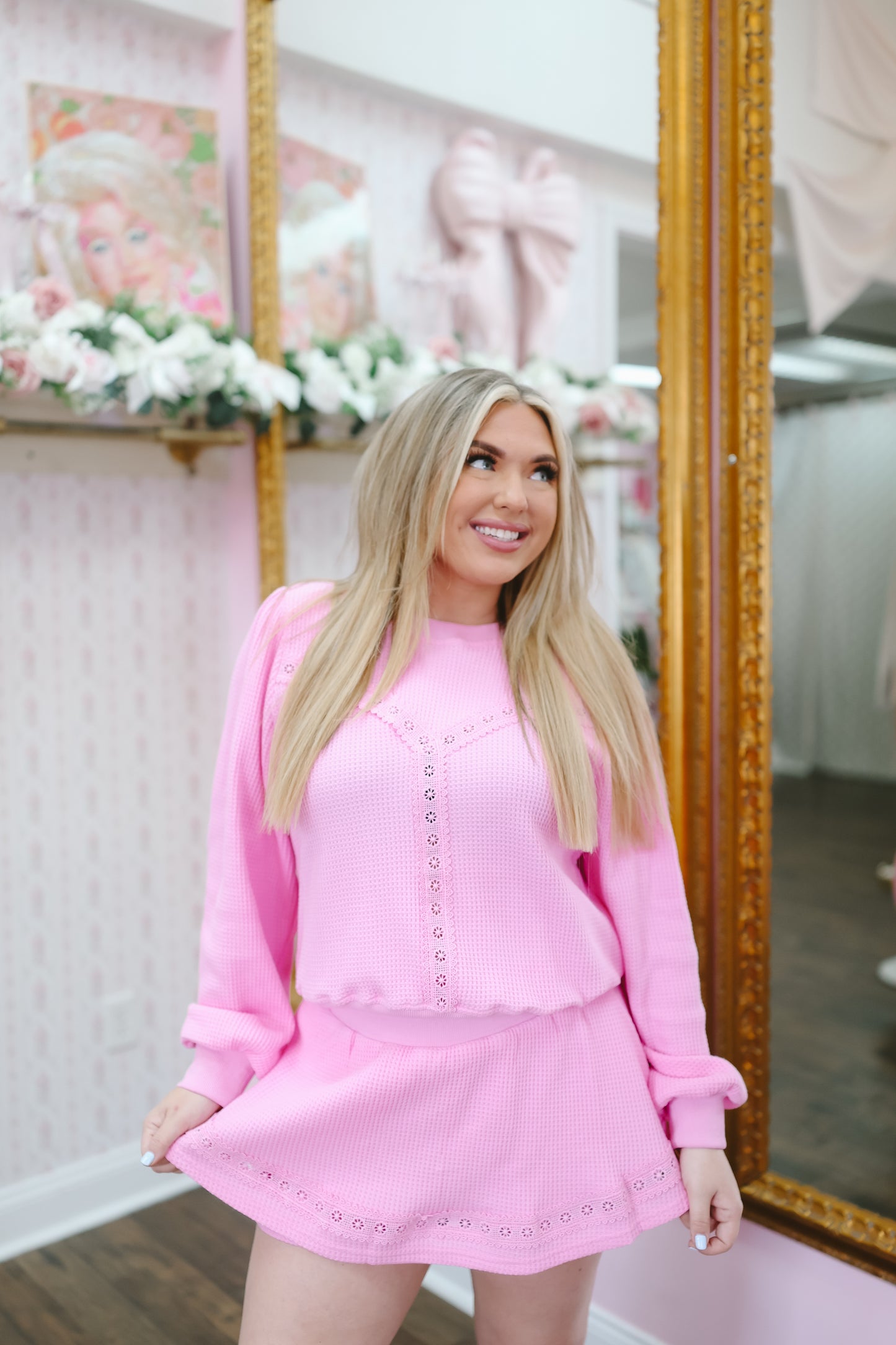 Meredith Eyelet Trim Waffle Knit Skort Set - Pink