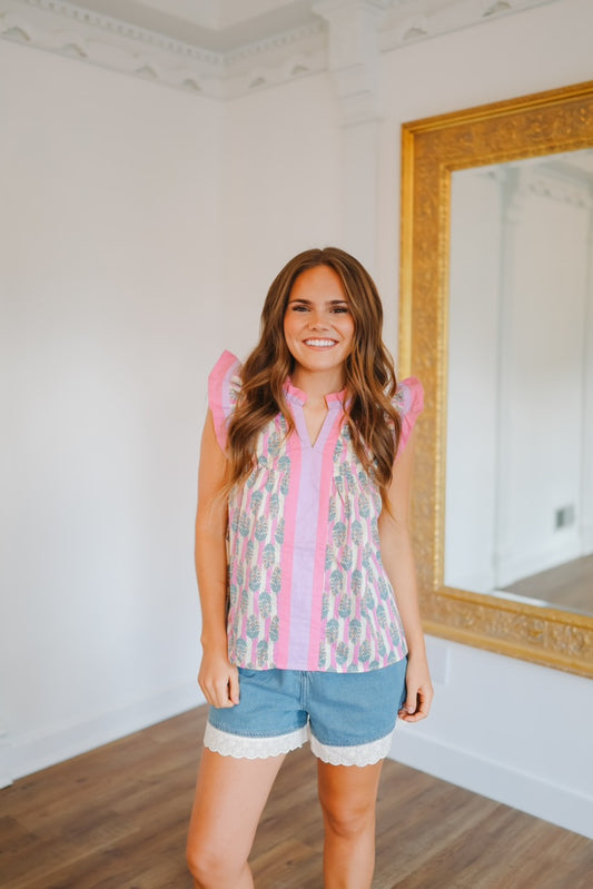 Celeste Striped Floral Print Ruffle Sleeve Top - Pink