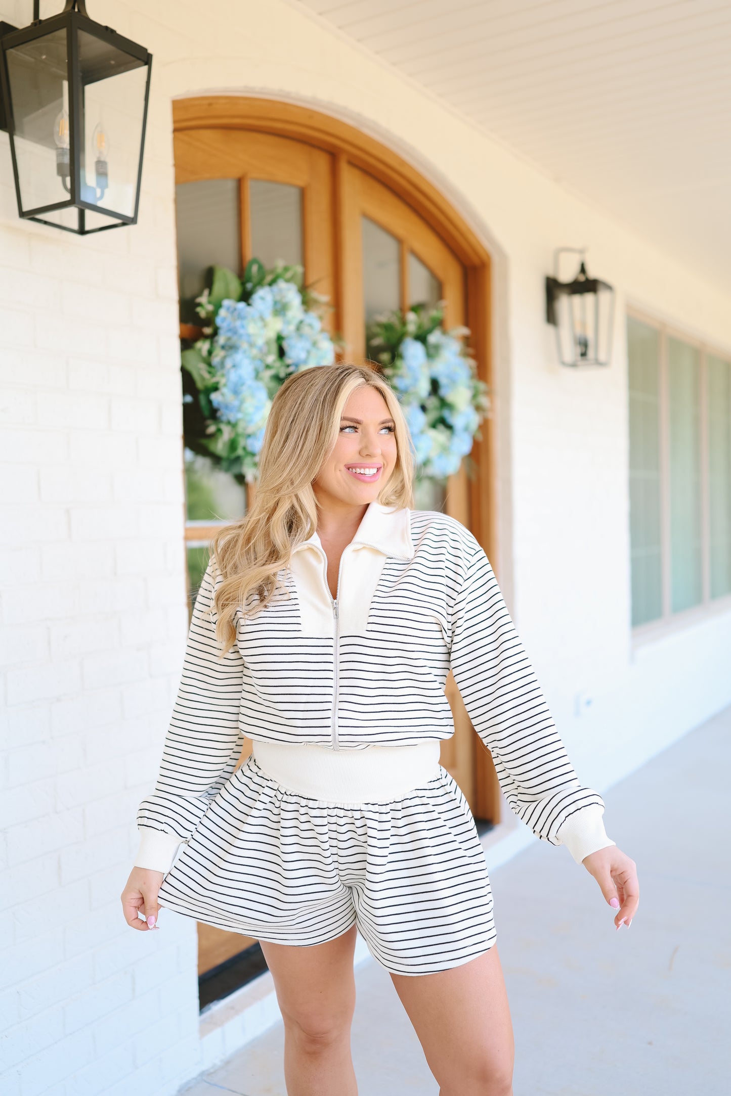 Gabrielle Striped Zip-Up Romper - Off White/Black