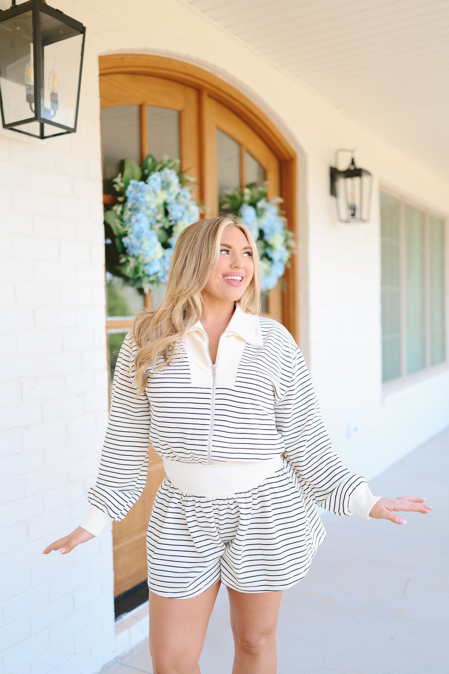 Gabrielle Striped Zip-Up Romper - Off White/Black