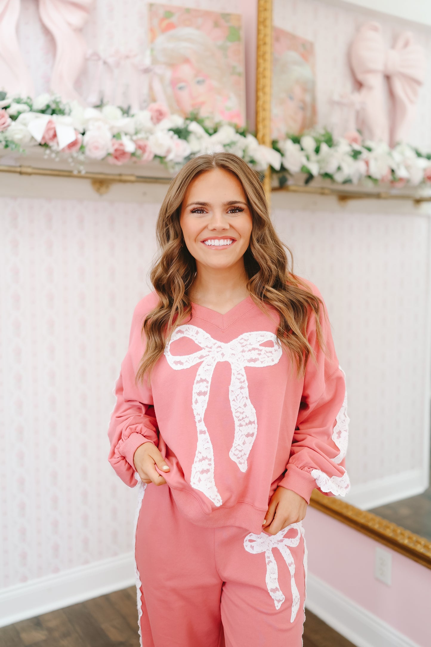 Arabella Embroidered Bow Lace V-Neck Pullover - Dark Pink