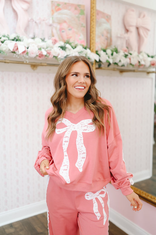 Arabella Embroidered Bow Lace V-Neck Pullover - Dark Pink