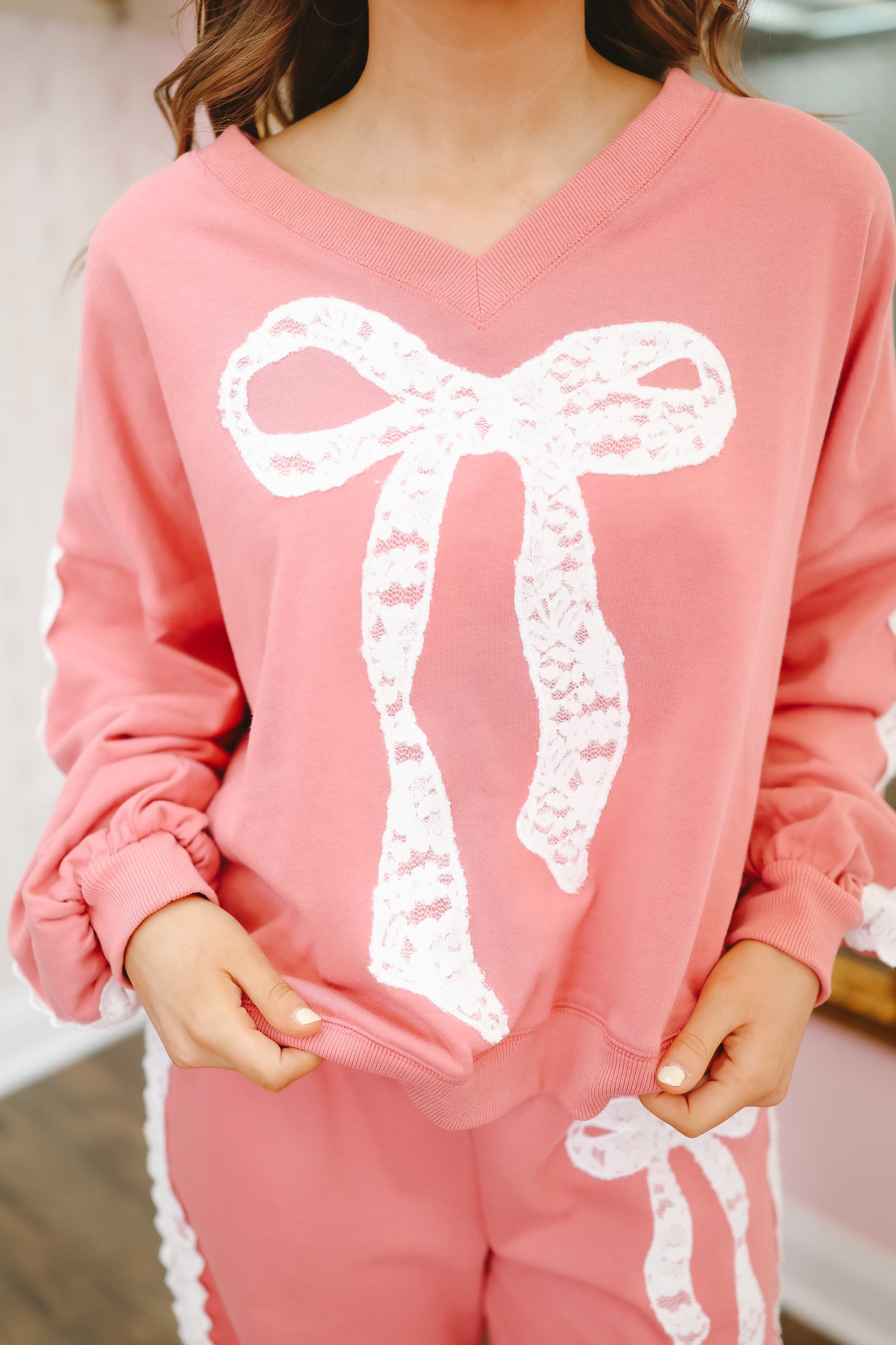 Arabella Embroidered Bow Lace V-Neck Pullover - Dark Pink