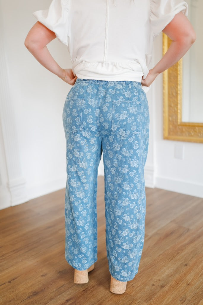 Edith Floral Print Elastic Waist Barrel Jeans - Medium Wash
