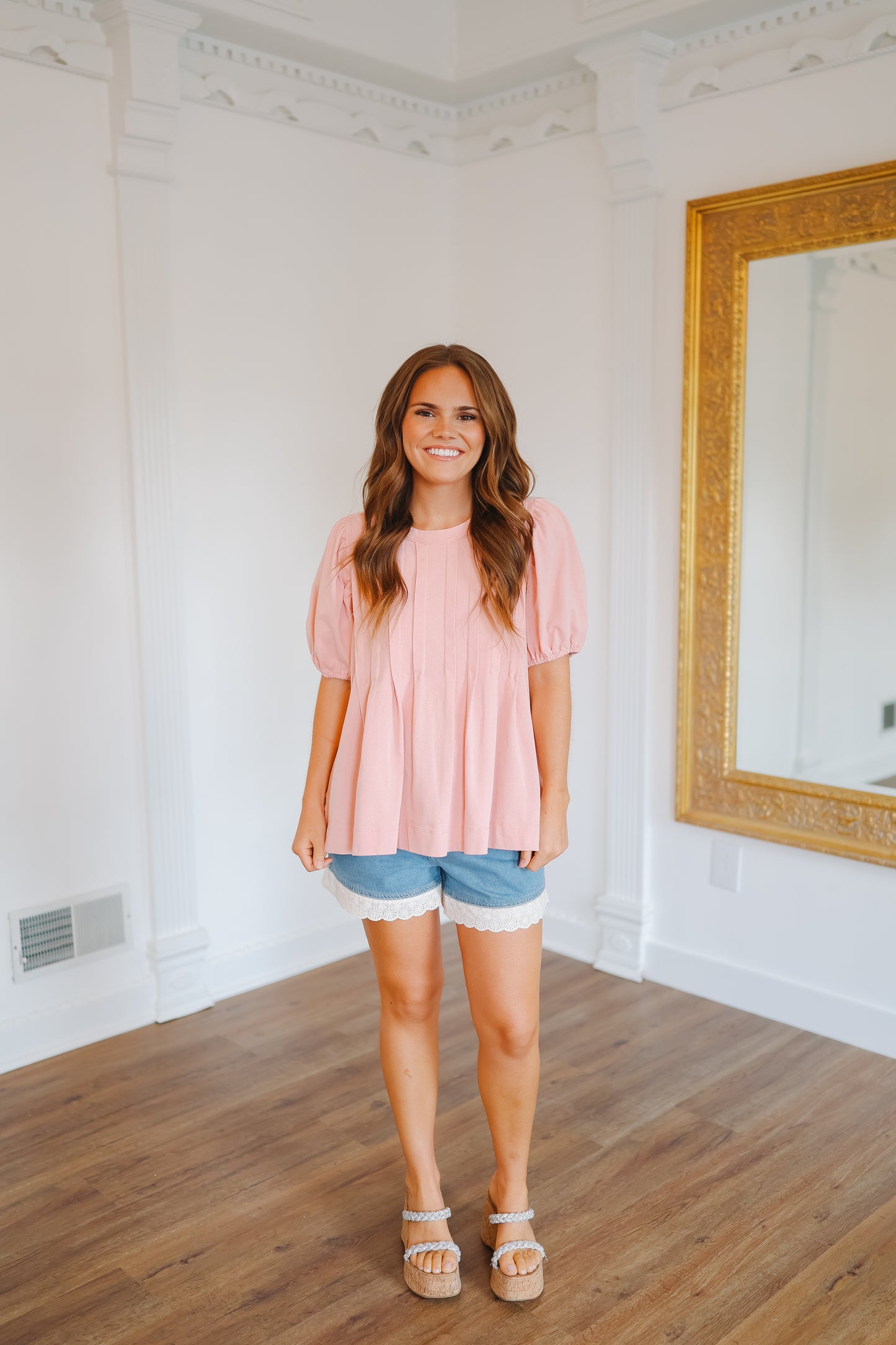 Kristen Bubble Sleeve Pleated Top - Dusty Blush