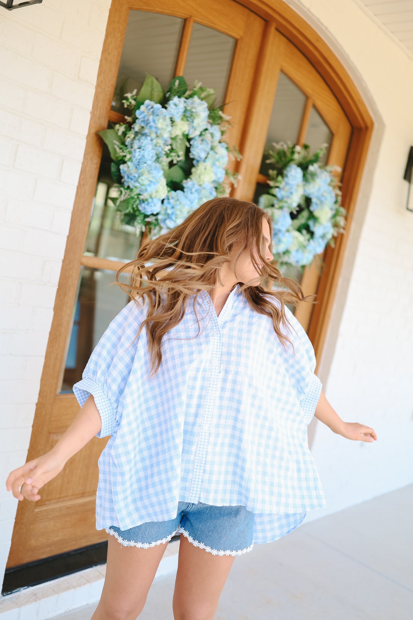 Katherine Button Down Gingham Oversized Top - Blue