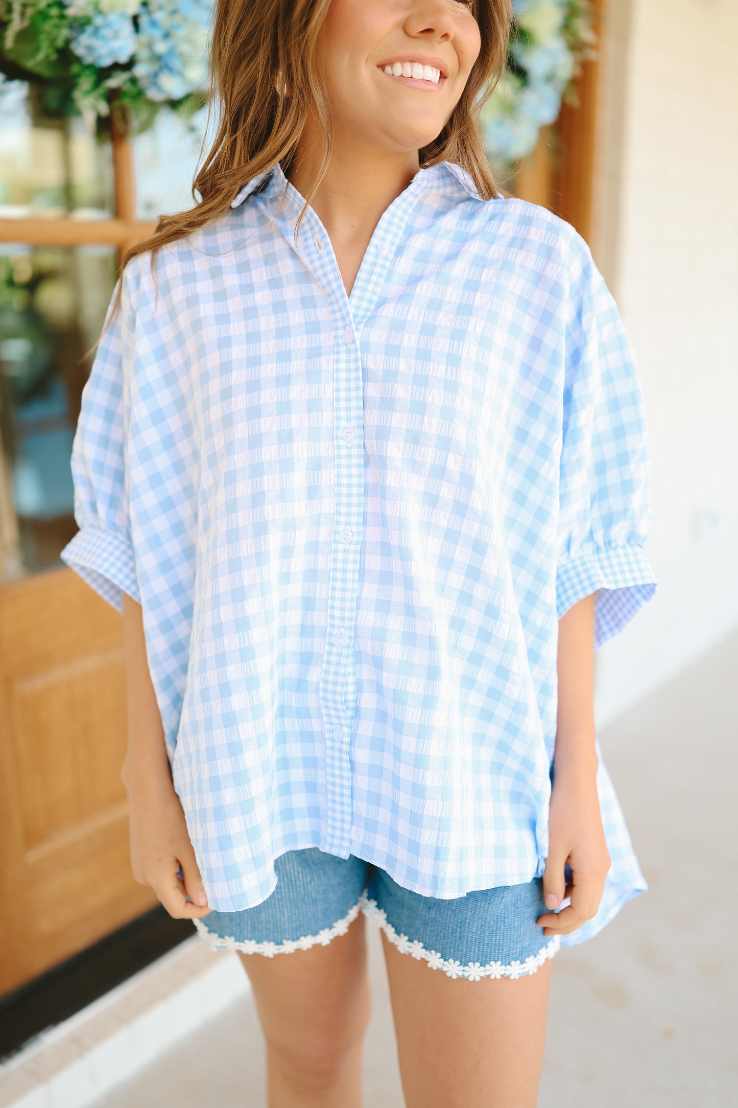 Katherine Button Down Gingham Oversized Top - Blue