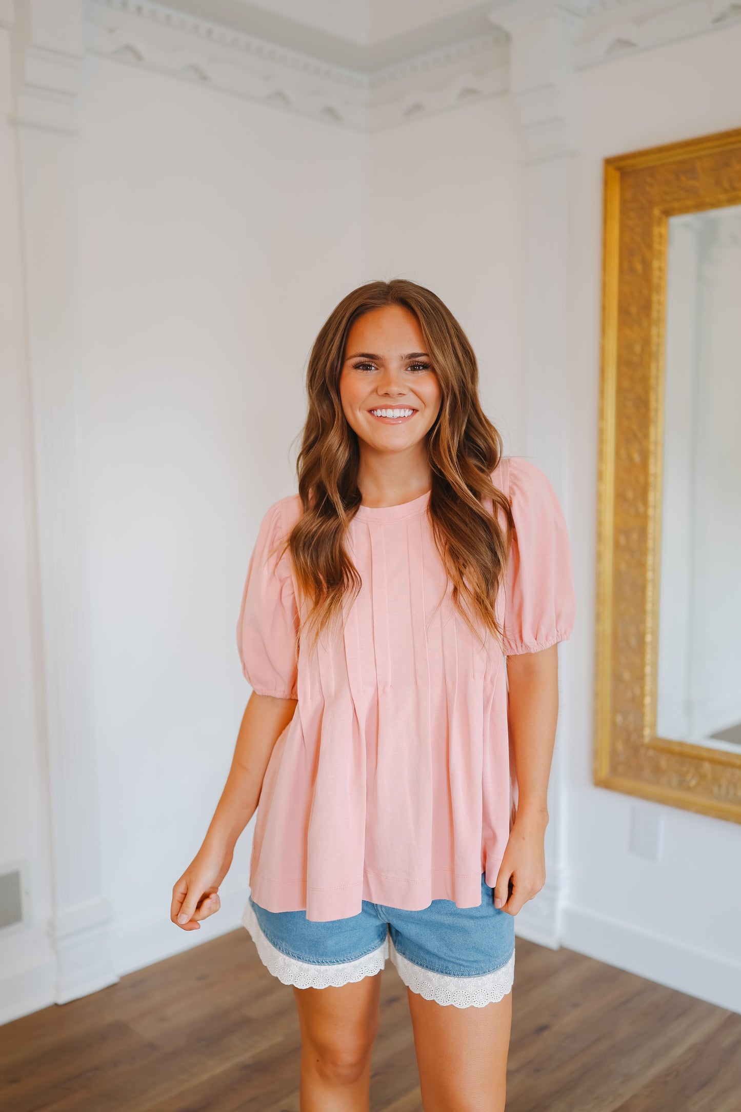 Kristen Bubble Sleeve Pleated Top - Dusty Blush