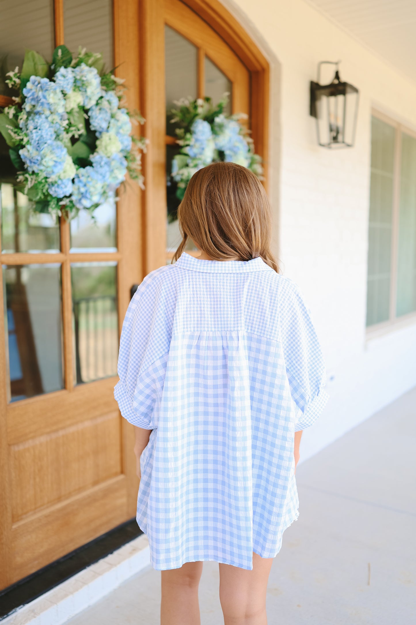 Katherine Button Down Gingham Oversized Top - Blue