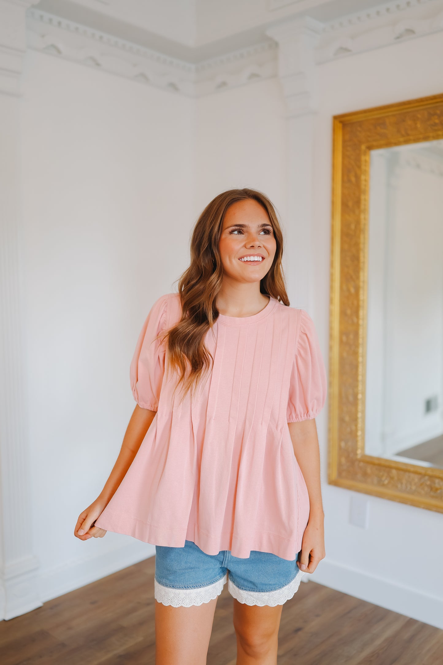 Kristen Bubble Sleeve Pleated Top - Dusty Blush