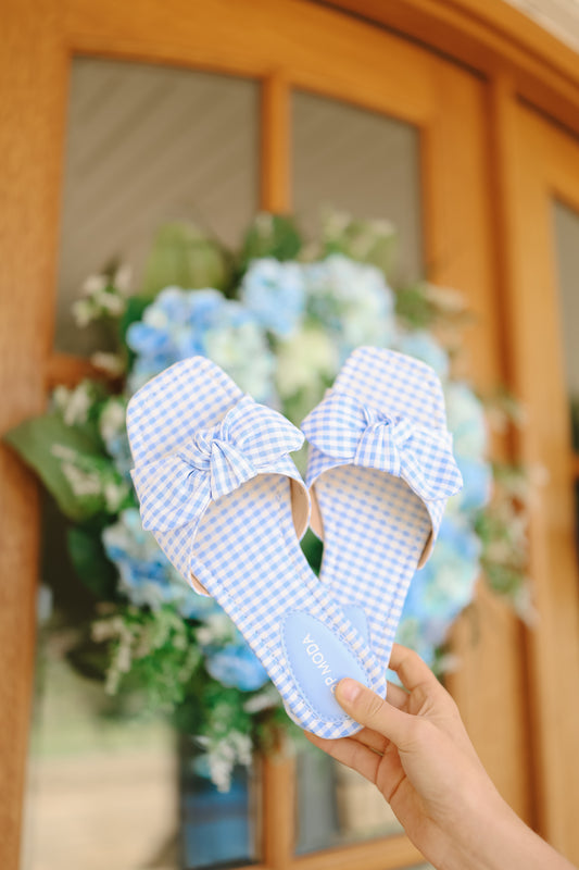 Penny Gingham Bow Sandals - Blue