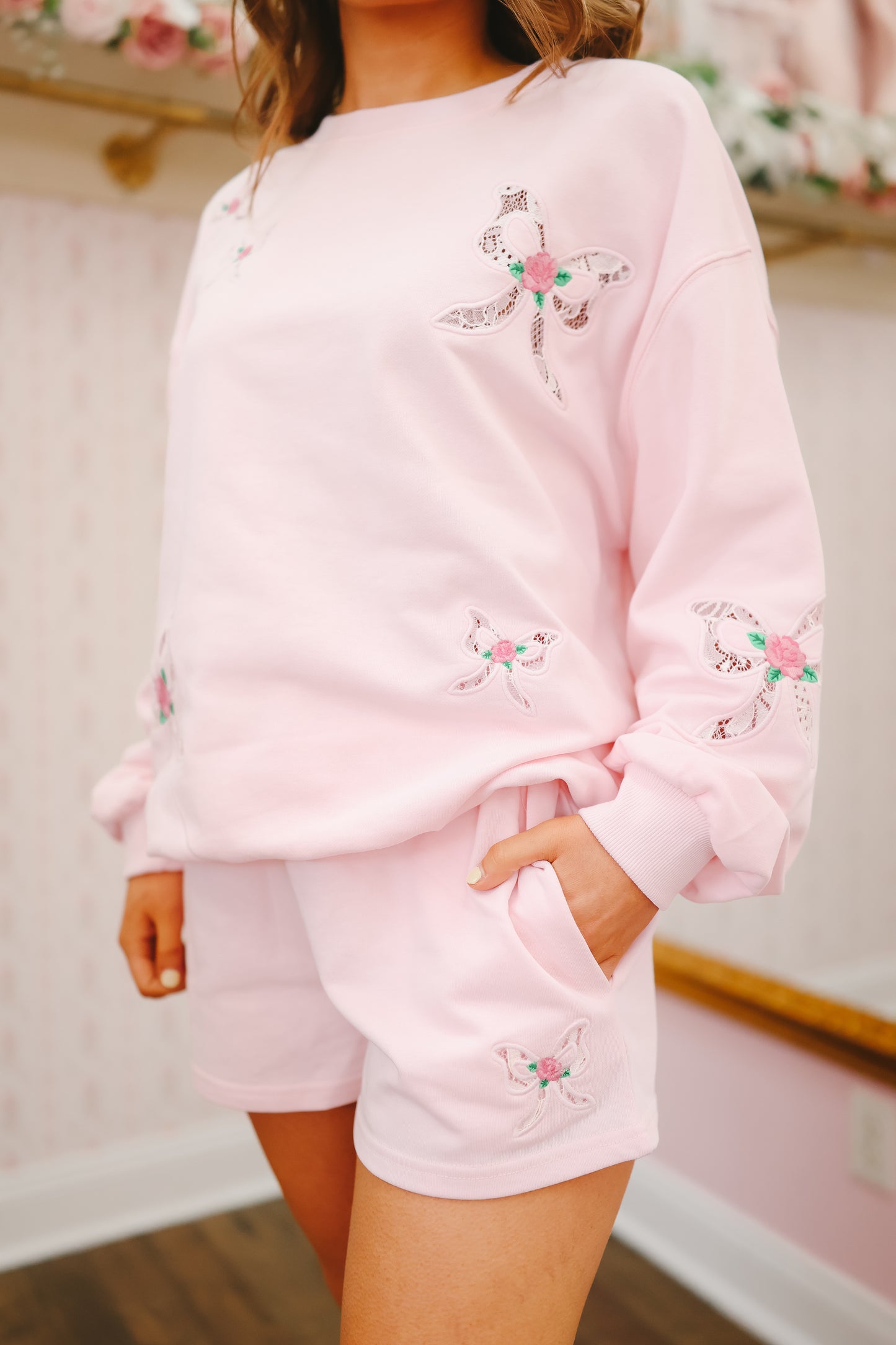 Debi Bow Lace Short Set - Pink