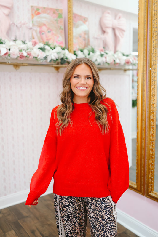 Marcie Ribbed Hem Oversized Sweater - Red