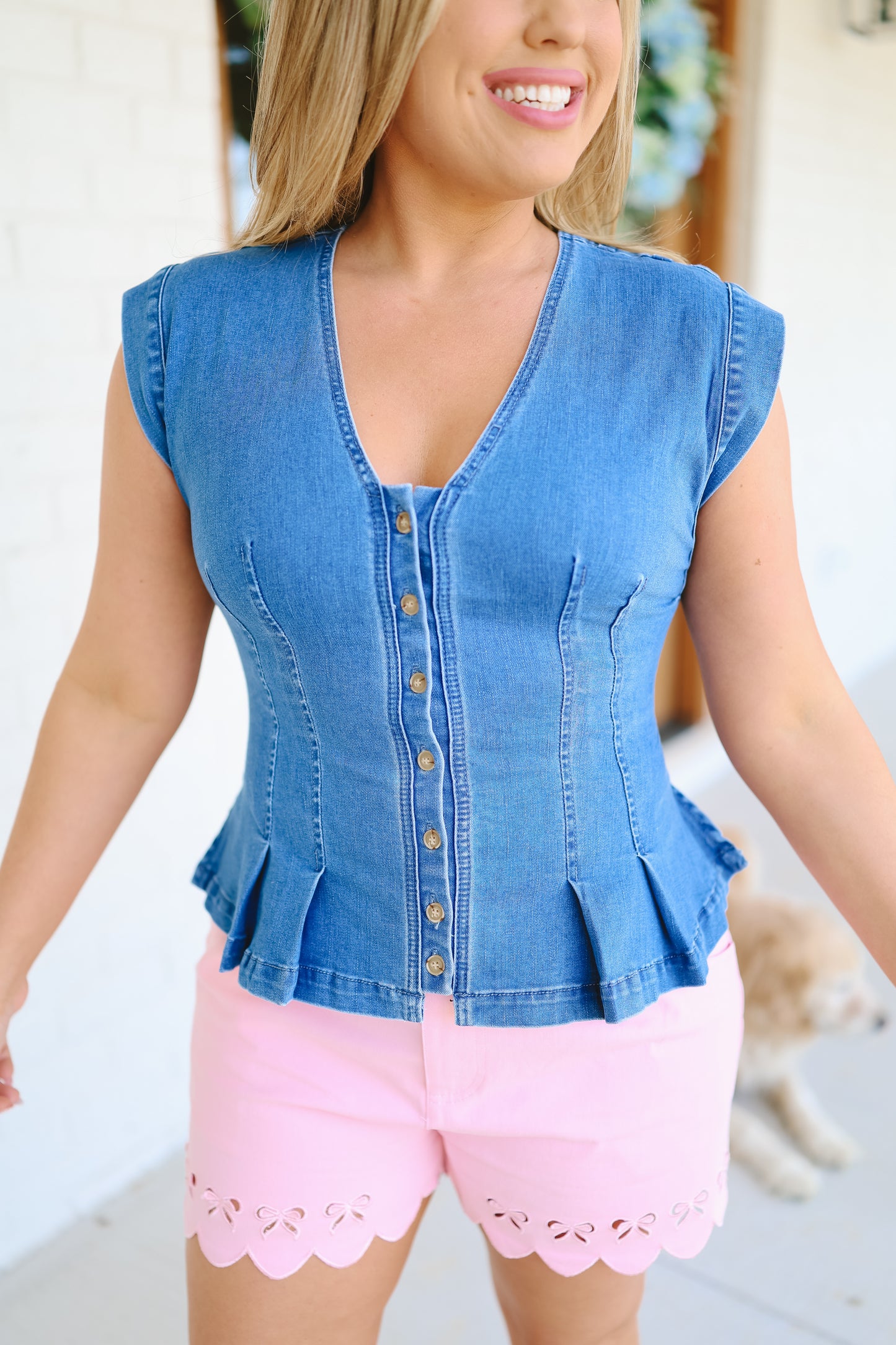Leana Button Down Denim Peplum Vest - Medium Wash