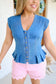 Leana Button Down Denim Peplum Vest - Medium Wash