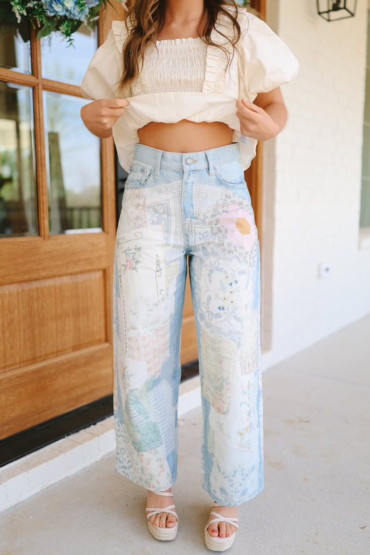 Blossom Darling Patchwork Denim Pants - Light Wash
