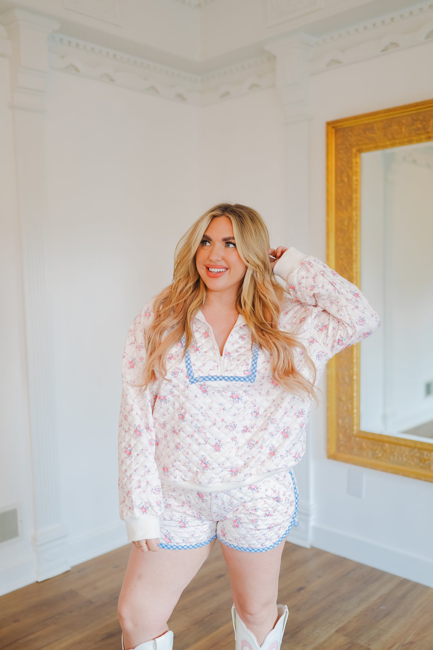 Ann Marie Floral Quilted Half-Zip Short Set - Cream/Pink