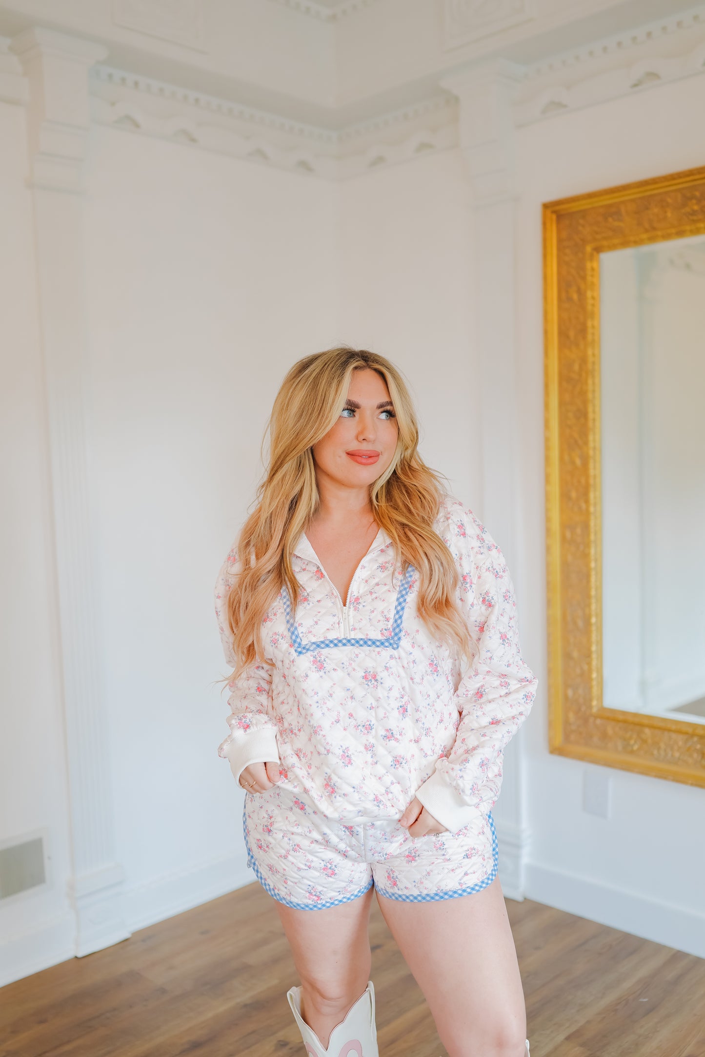 Ann Marie Floral Quilted Half-Zip Short Set - Cream/Pink