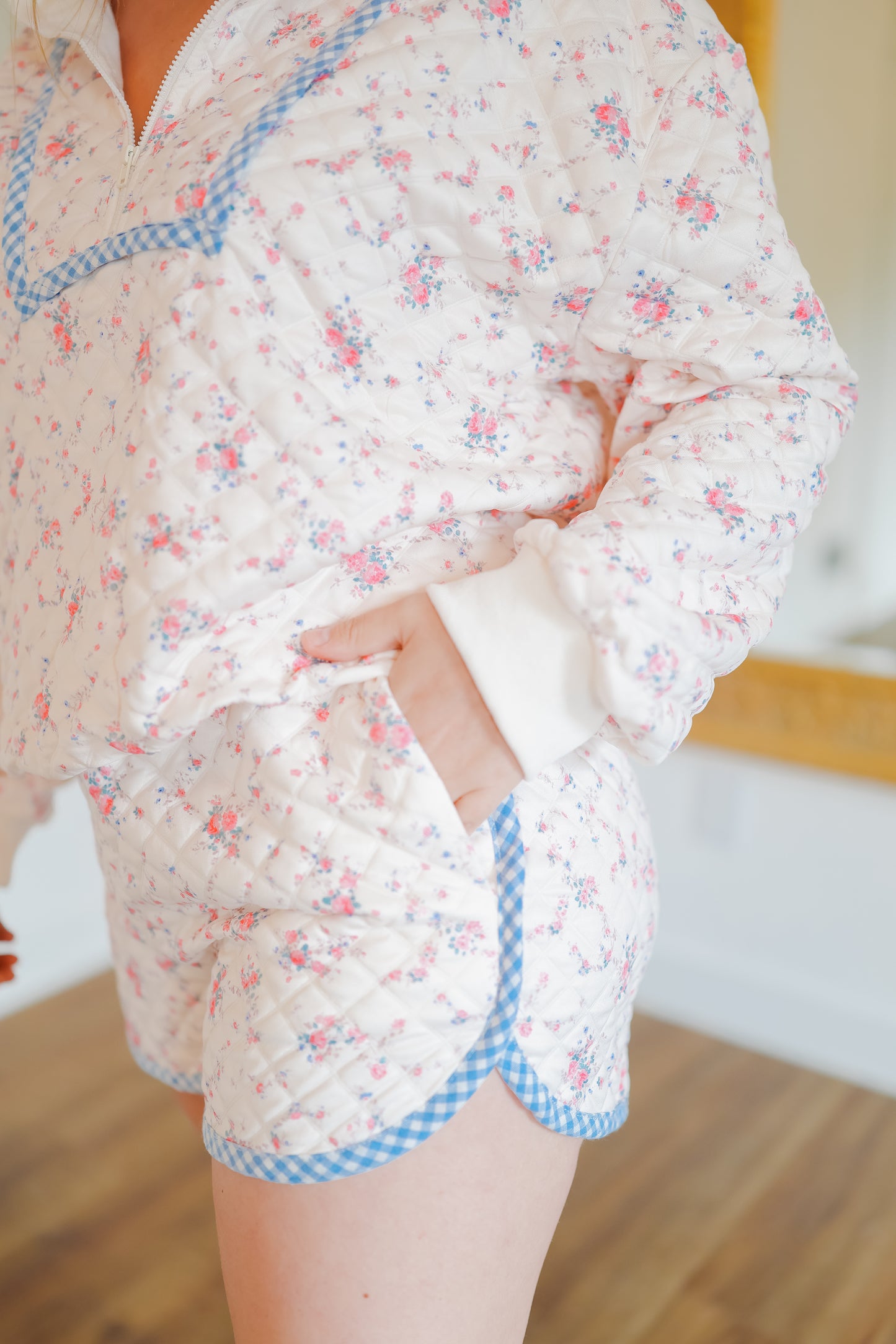 Ann Marie Floral Quilted Half-Zip Short Set - Cream/Pink