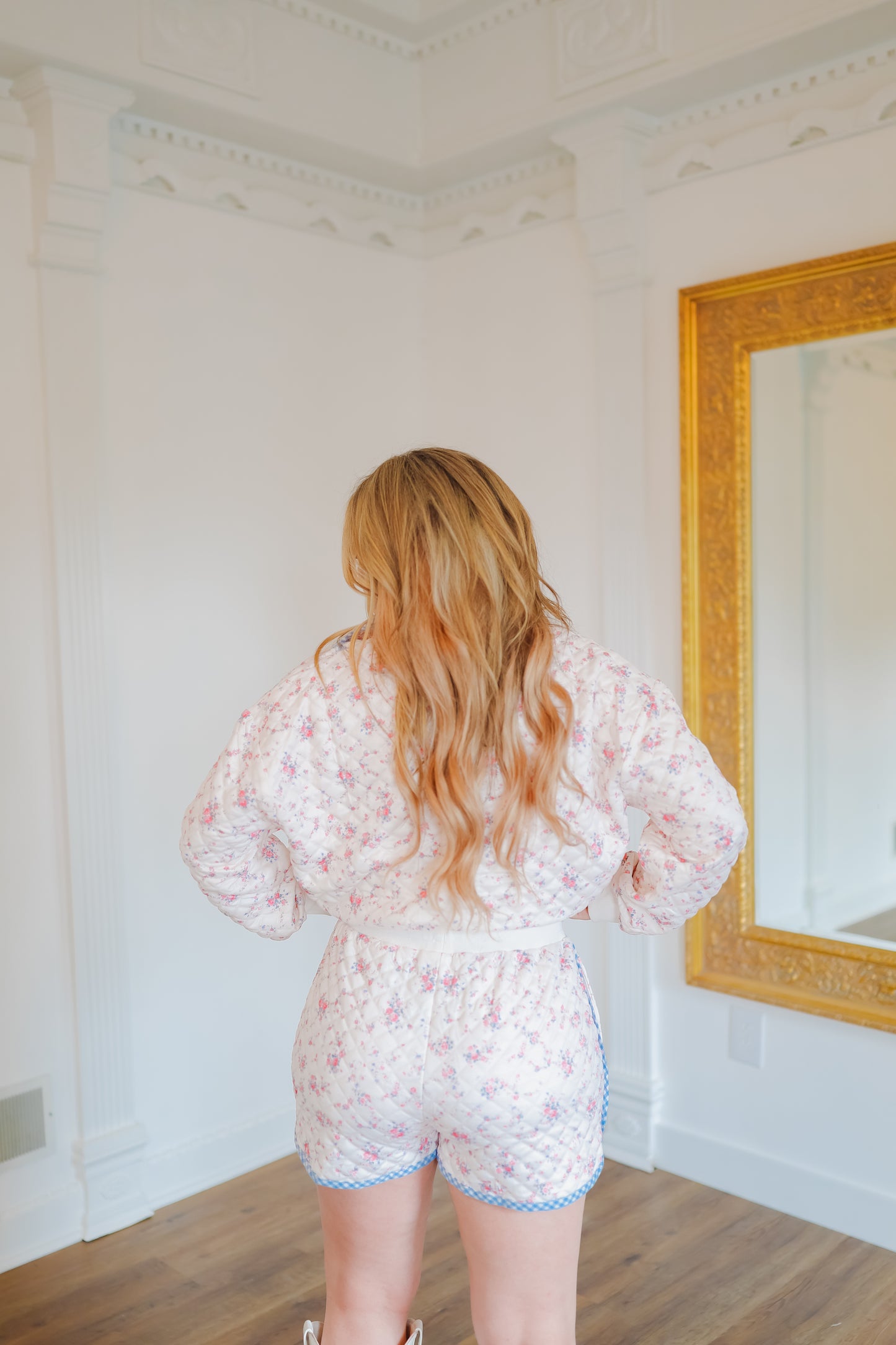 Ann Marie Floral Quilted Half-Zip Short Set - Cream/Pink