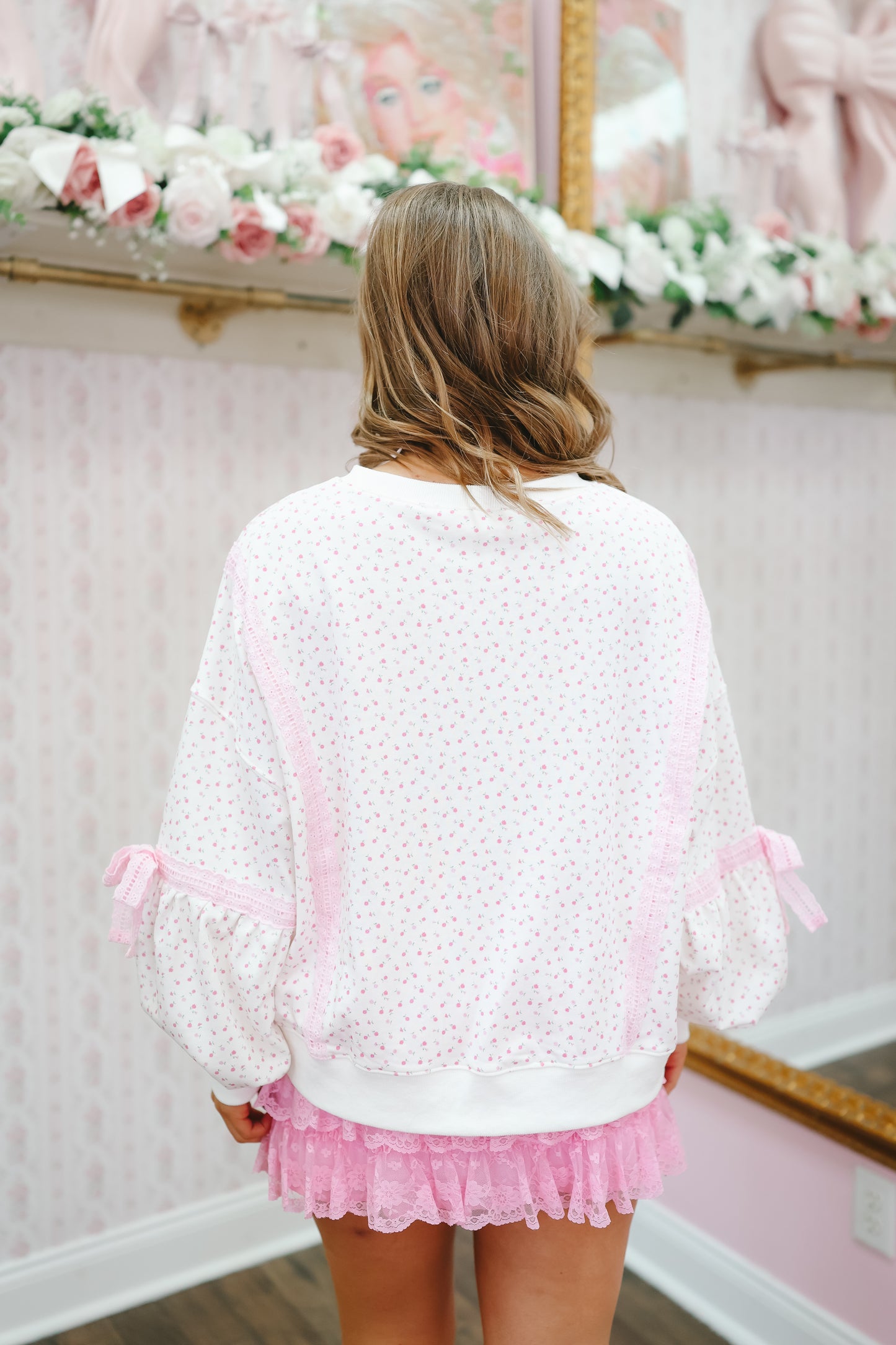 Alisha Ditsy Floral Eyelet Lace Pullover - Light Pink