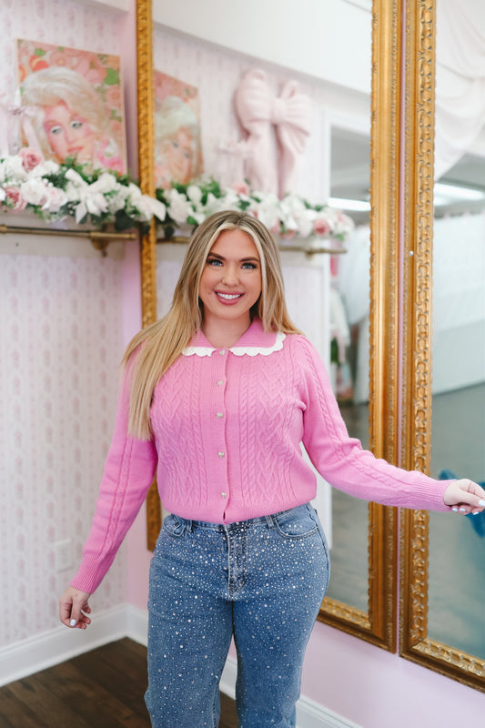 Kyla Scallop Lace Collar Cardigan - Pink