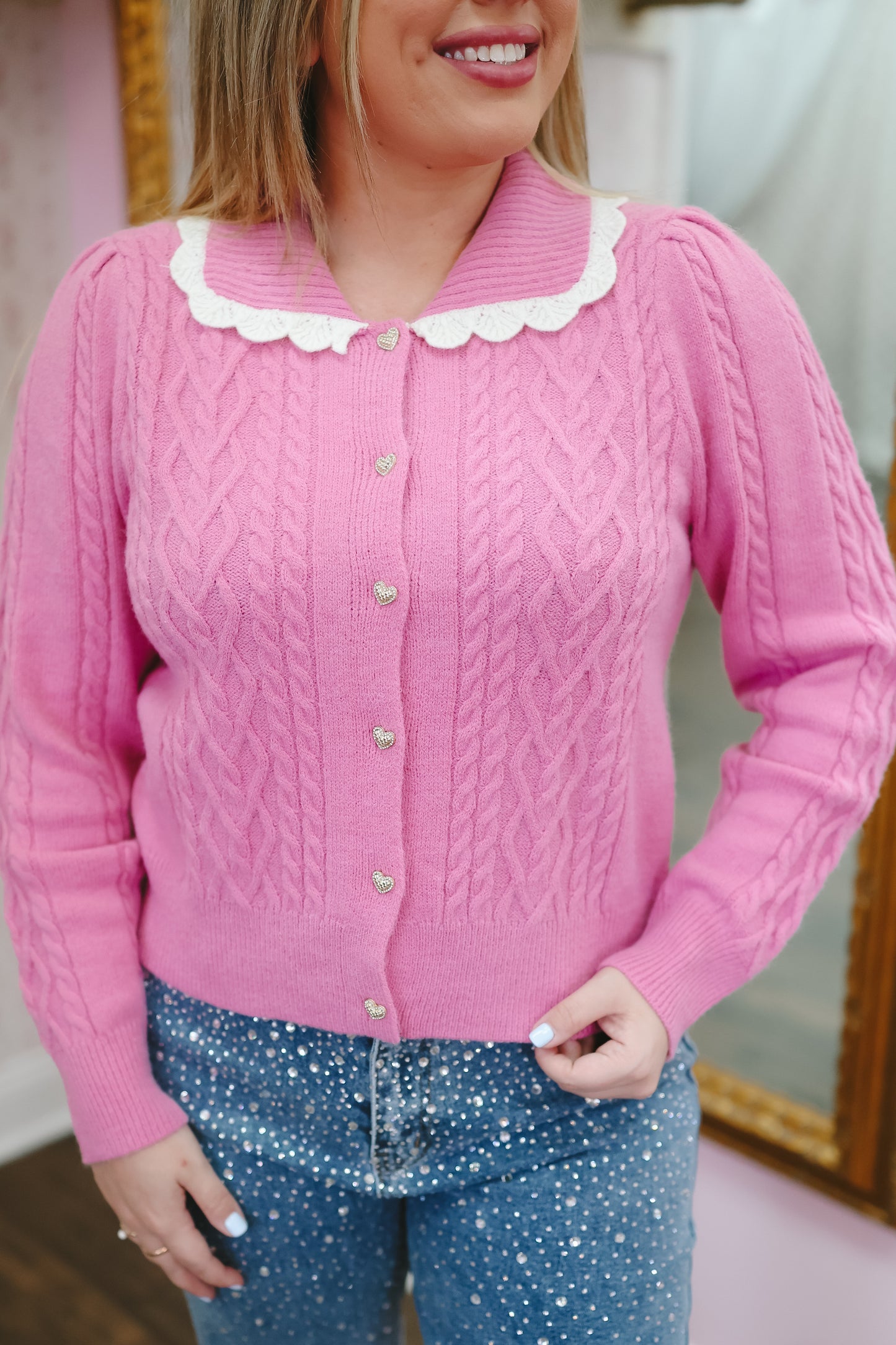 Kyla Scallop Lace Collar Cardigan - Pink