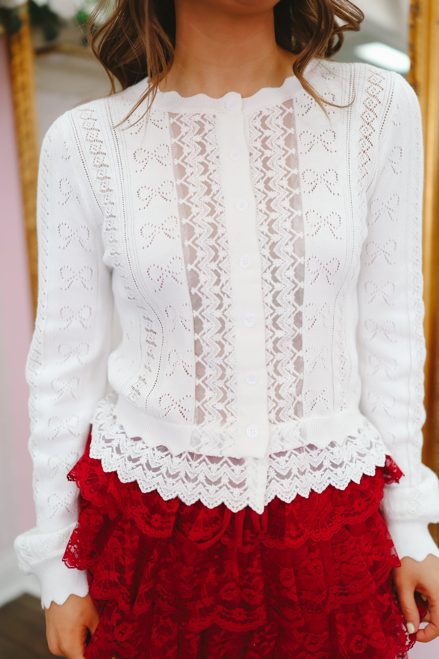 Briley Bow Pointelle Lace Hem Cardigan - Ivory