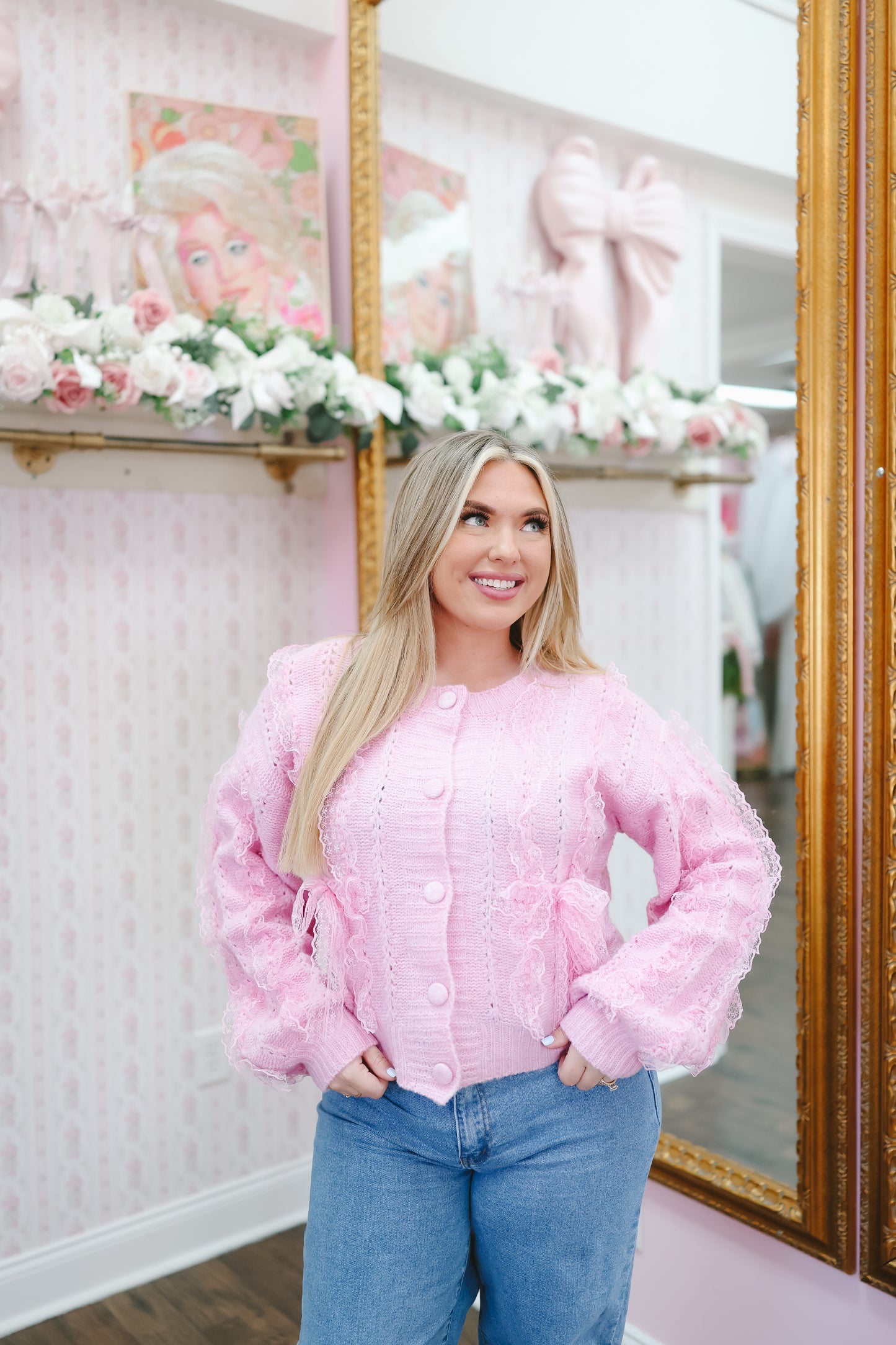 Brenna Lace Trim Bow Cardigan - Lavendar Pink