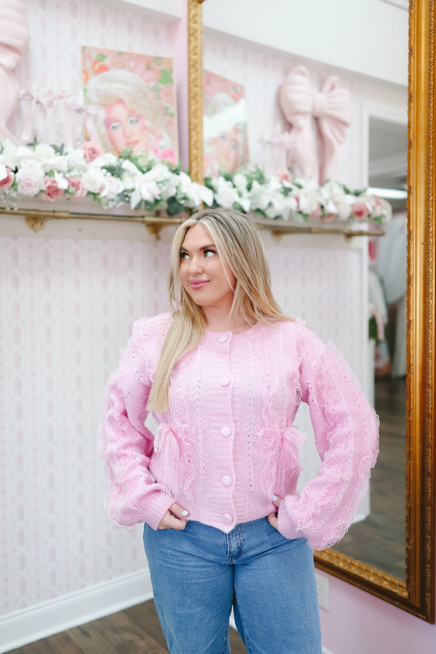 Brenna Lace Trim Bow Cardigan - Lavendar Pink