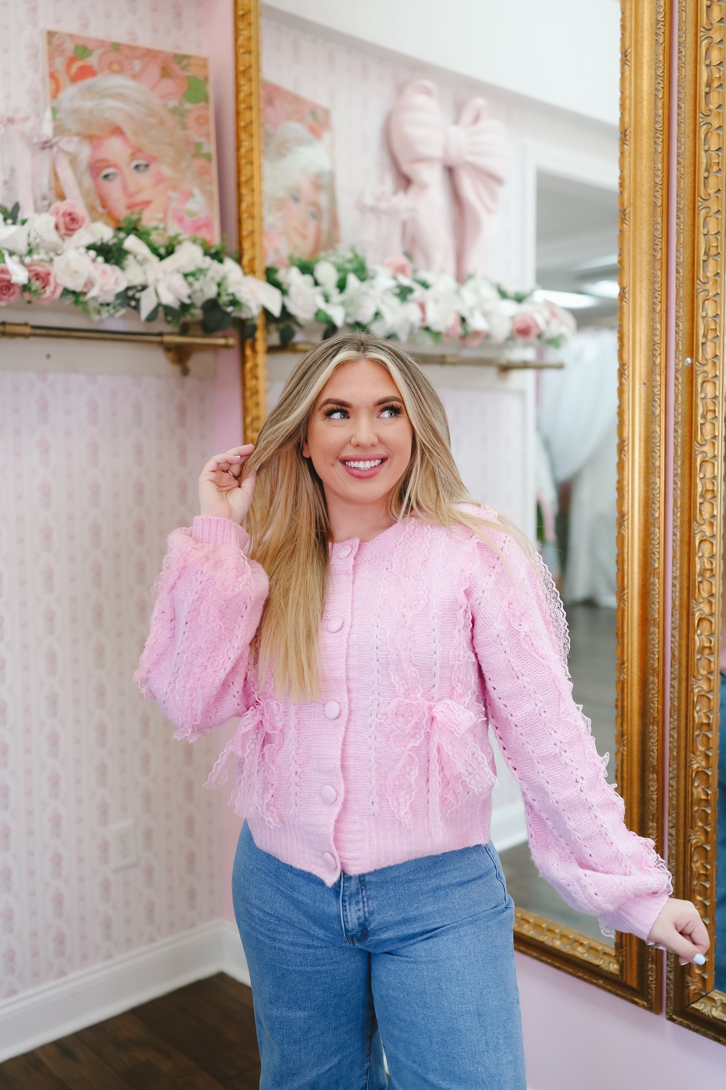 Brenna Lace Trim Bow Cardigan - Lavendar Pink
