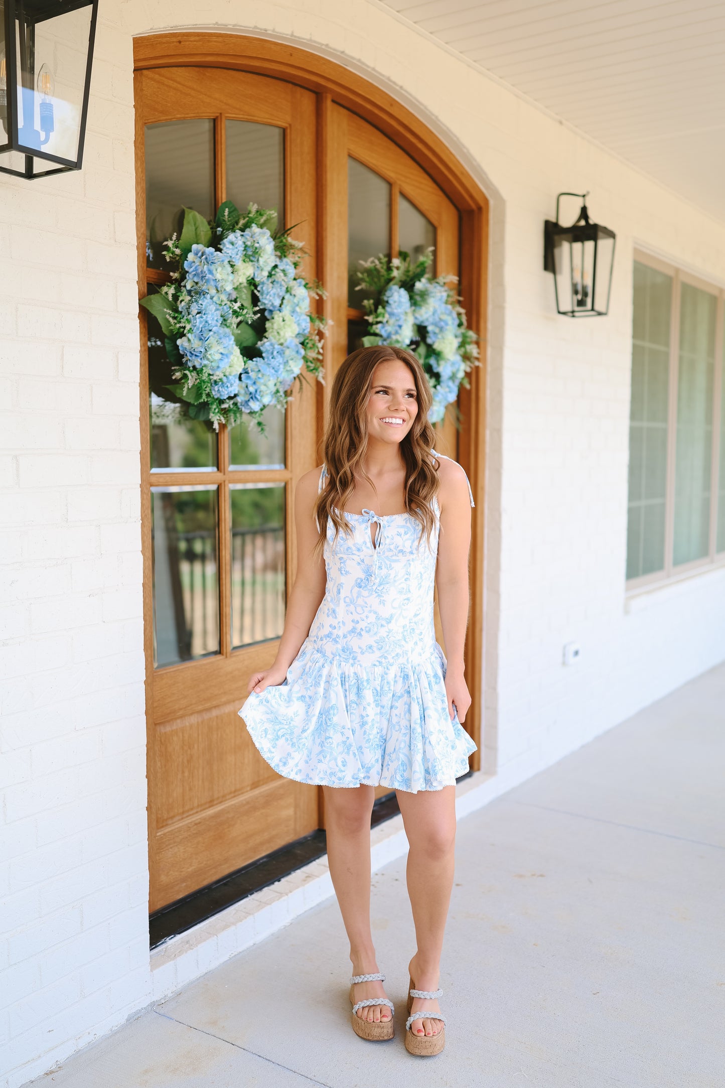 Maura Ribbon Print Tie Strap Dress - Blue