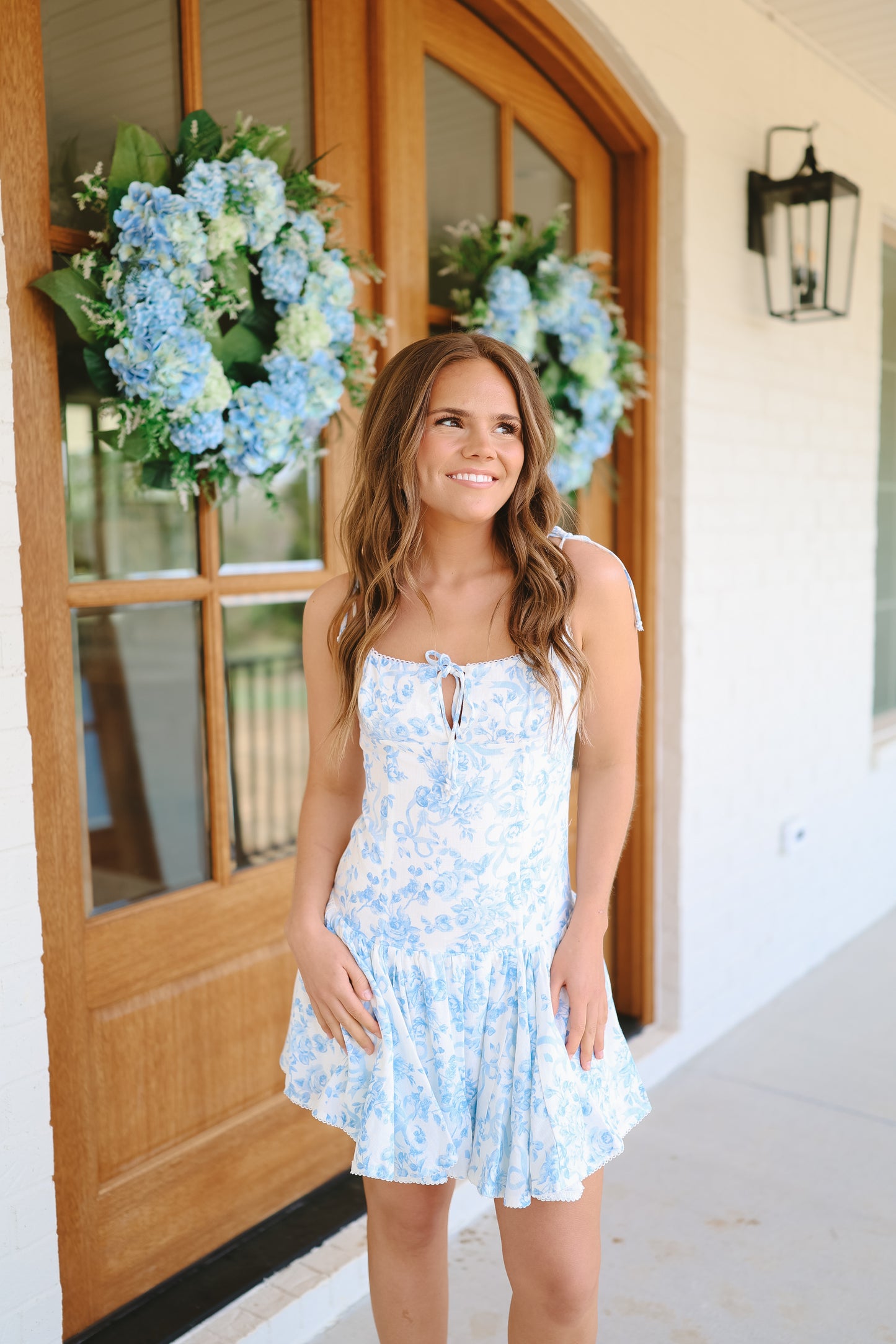 Maura Ribbon Print Tie Strap Dress - Blue