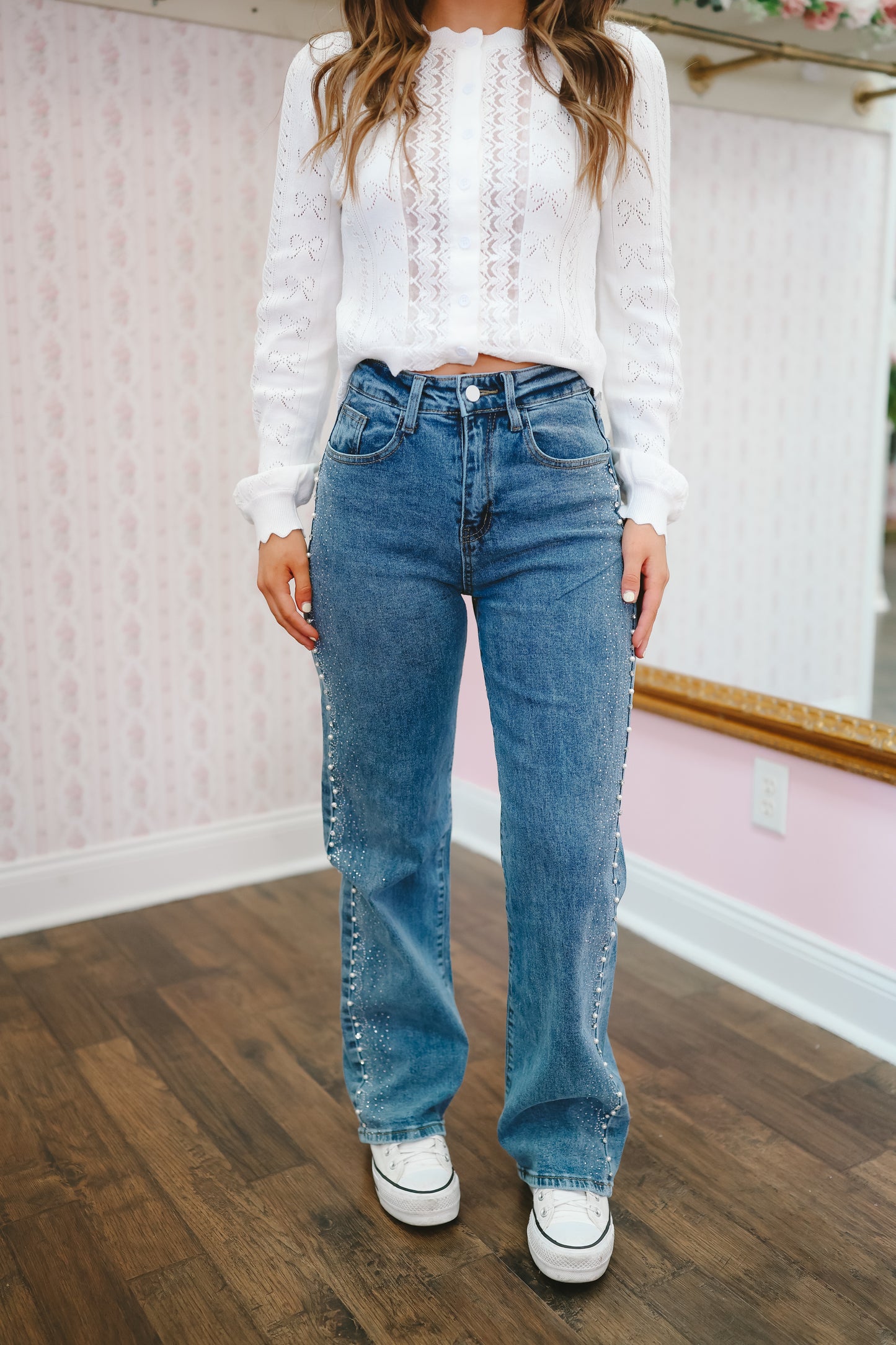 Makayla Rhinestone Wide Leg Jeans - Medium Wash