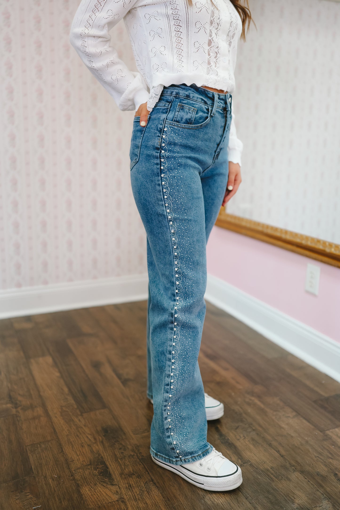 Makayla Rhinestone Wide Leg Jeans - Medium Wash