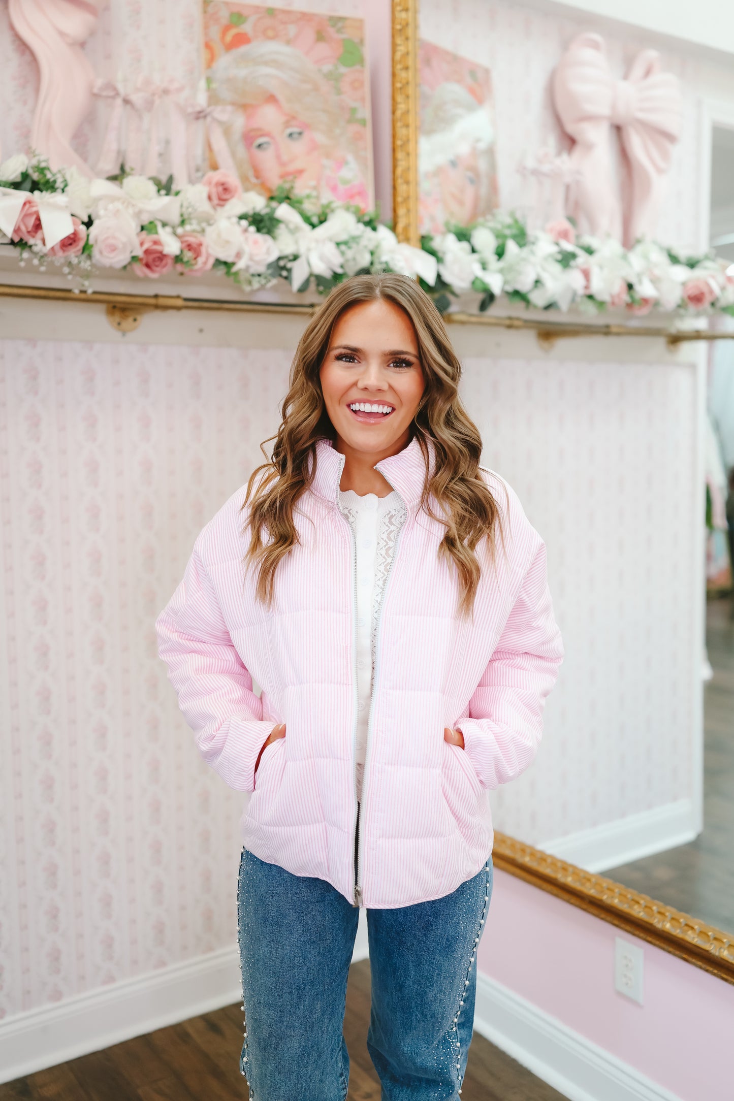 Darbie Striped Lightweight Quilted Jacket - Pink/White